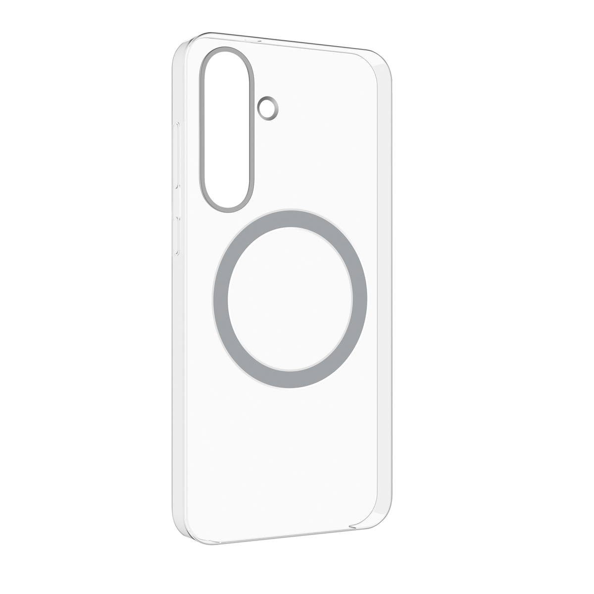 Una custodia trasparente per telefono con un contorno della fotocamera grigio e un attacco magnetico circolare grigio. La custodia è su sfondo bianco.