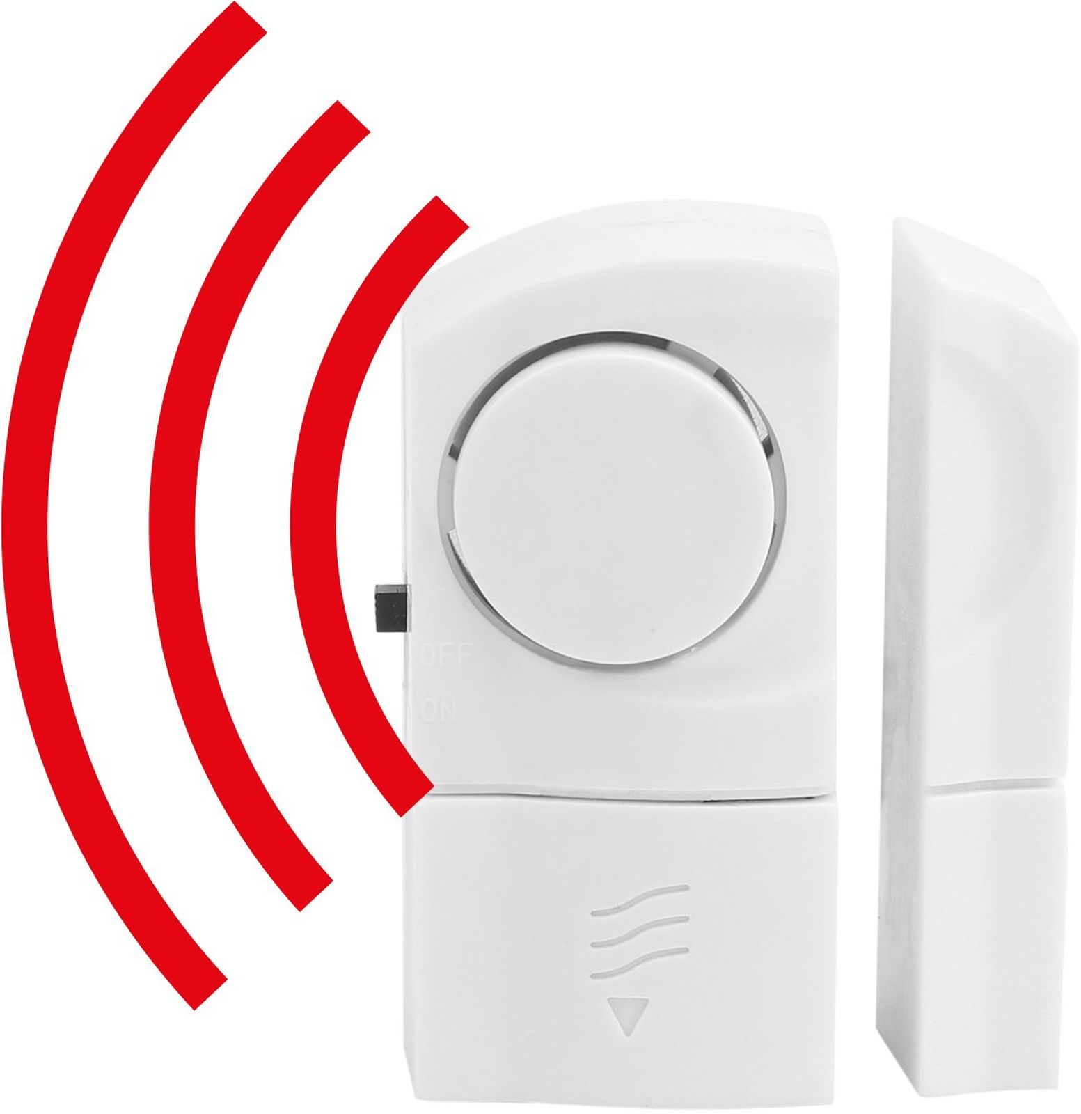 Biały alarm do drzwi z czerwonymi falami sygnału. Alarm ma okrągły głośnik i oddzielny element.