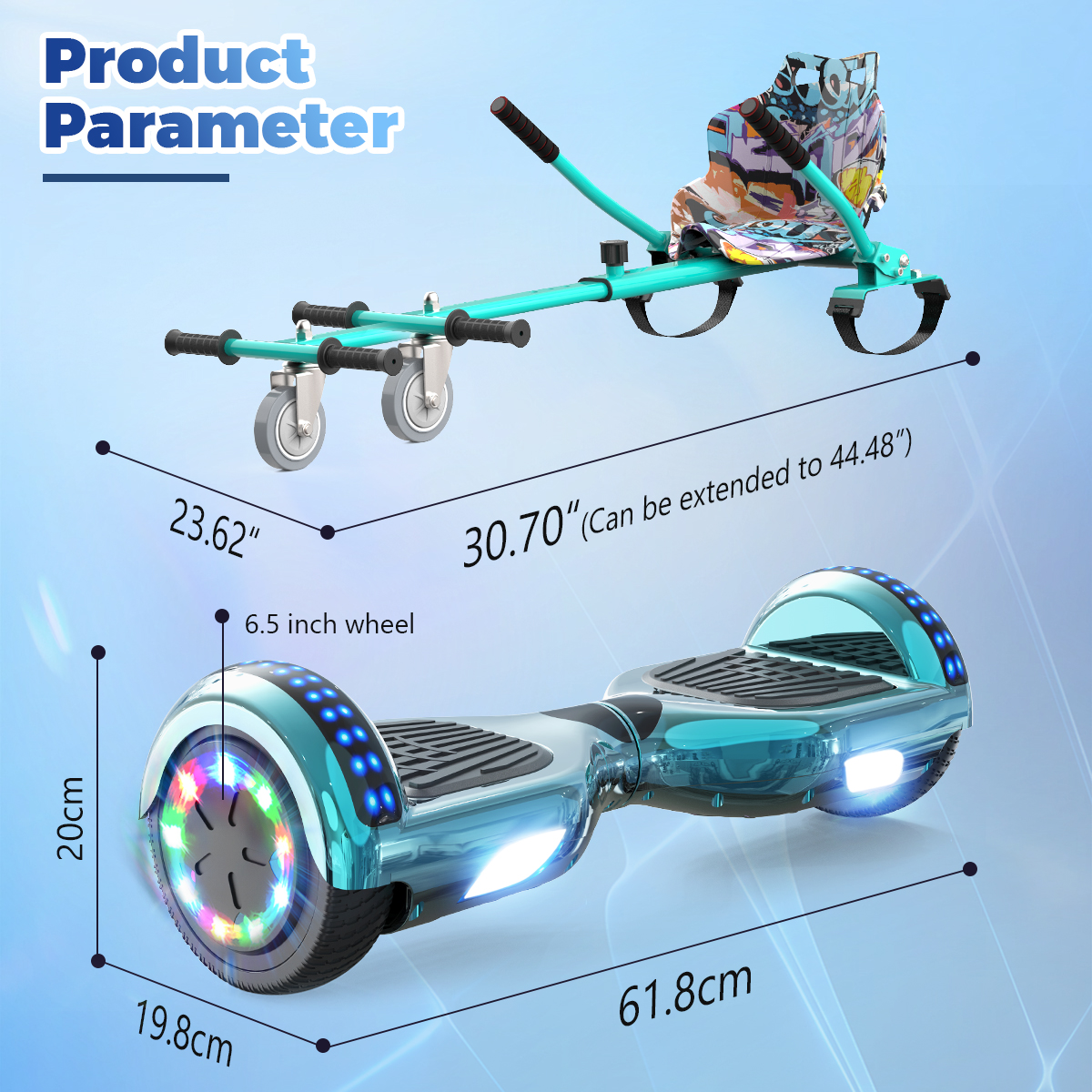 Se muestra un hoverboard y un accesorio de kart de color turquesa. Las dimensiones están etiquetadas. El hoverboard tiene luces. El kart tiene asiento.