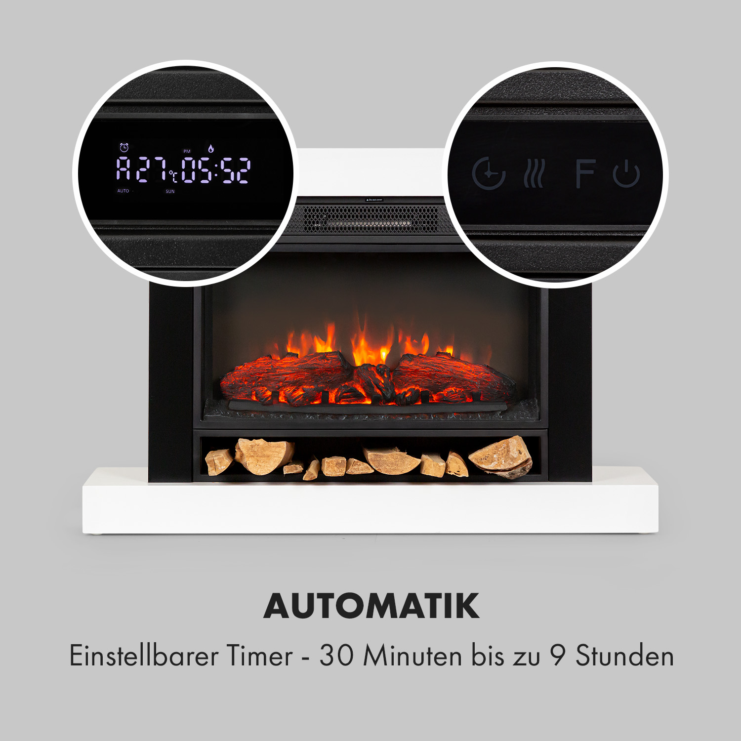 Ein elektrischer Kamin mit digitaler Zeitanzeige und Steuerungssymbolen. Er hat einen Holzstauraum und einen Flammeneffekt.