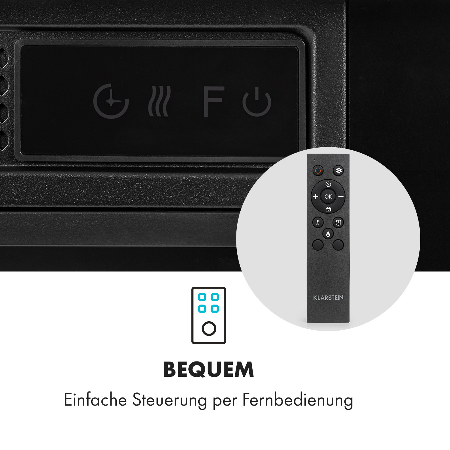 Schwarzes Gerät mit Bedienfeld und Fernbedienung. Text: BEQUEM, Einfache Steuerung per Fernbedienung. Fernbedienung hat Knöpfe. Klarstein.