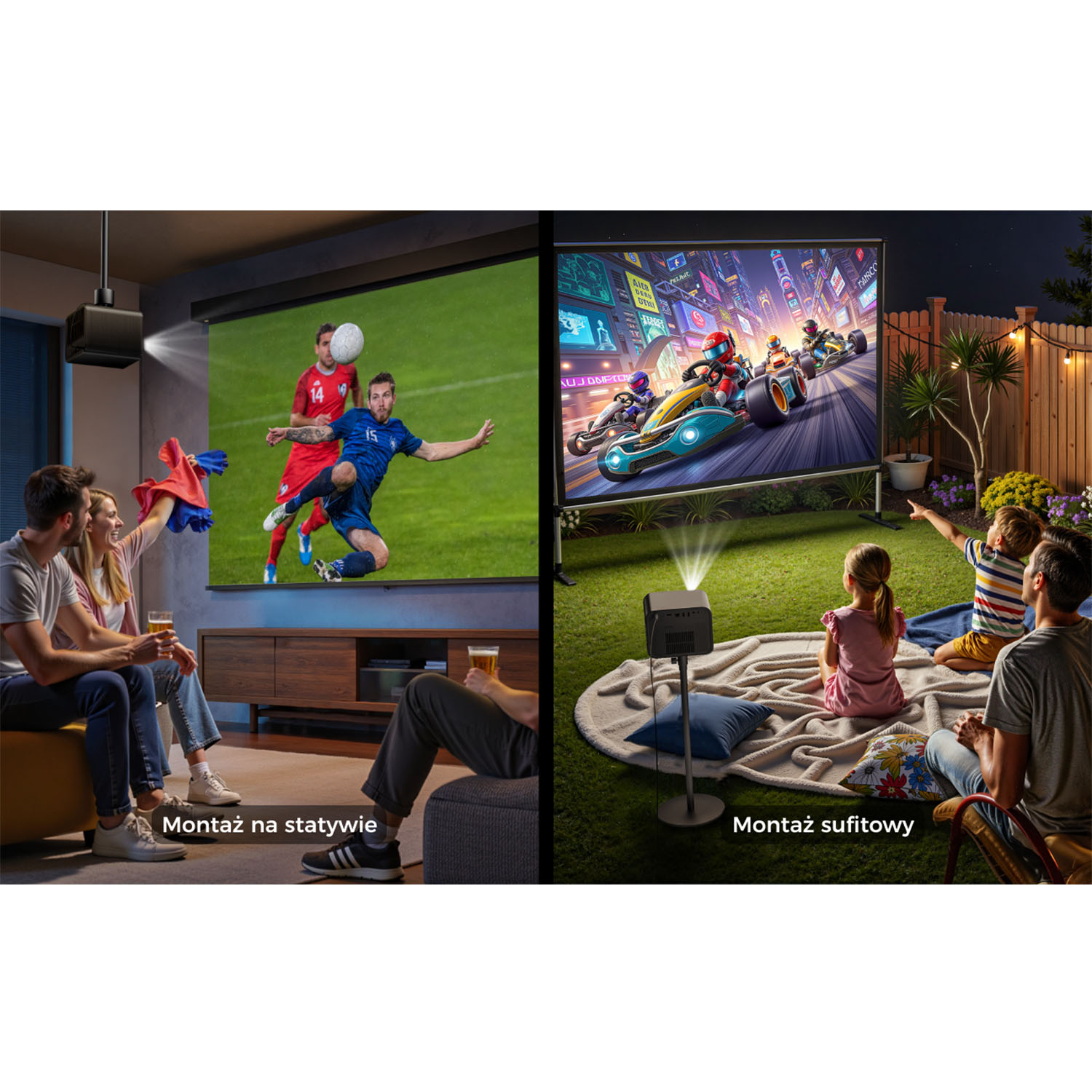Obraz przedstawia sceny wewnątrz/na zewnątrz. Ludzie oglądają mecz piłki nożnej w pomieszczeniach i wyścigi gokartów na zewnątrz, oba wyświetlane.