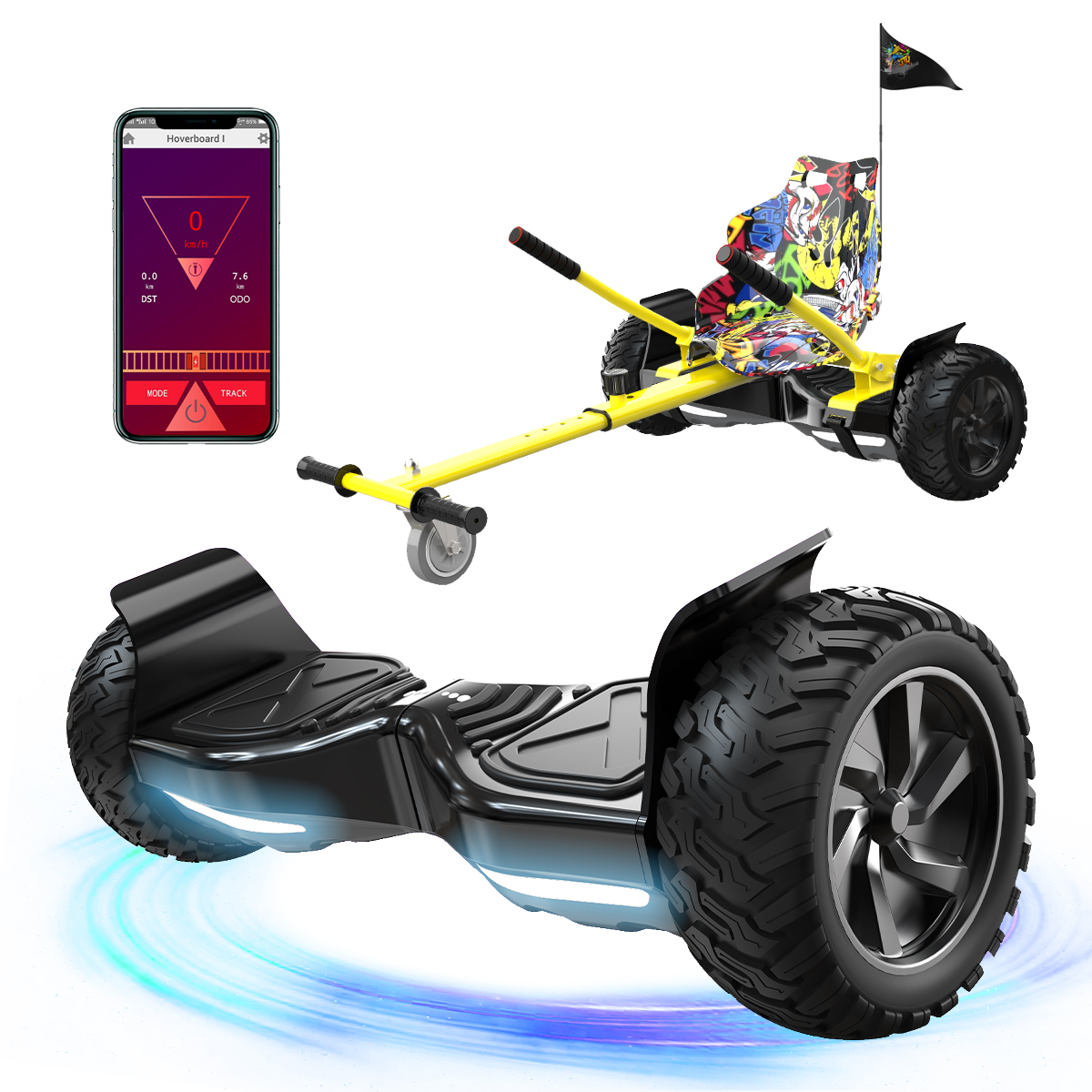 A black hoverboard with a yellow go-kart attachment. A smartphone displays speed. The go-kart has a flag with graffiti on the seat.