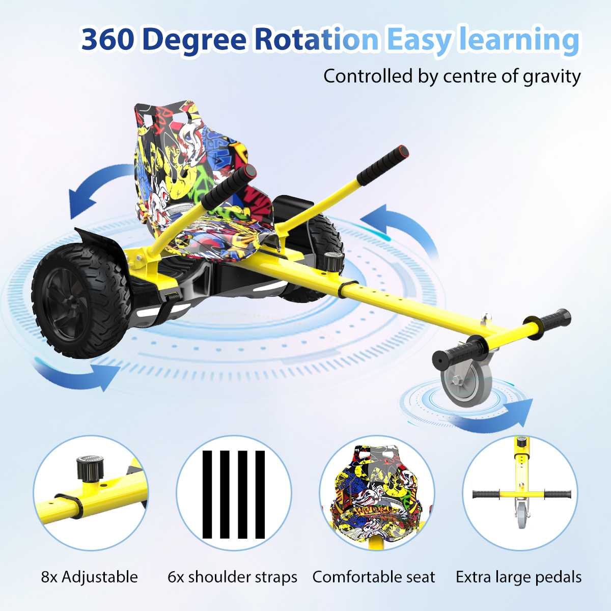 A yellow go-kart with black wheels and a graffiti-covered seat is shown. Text highlights features like adjustable parts and a comfortable seat.
