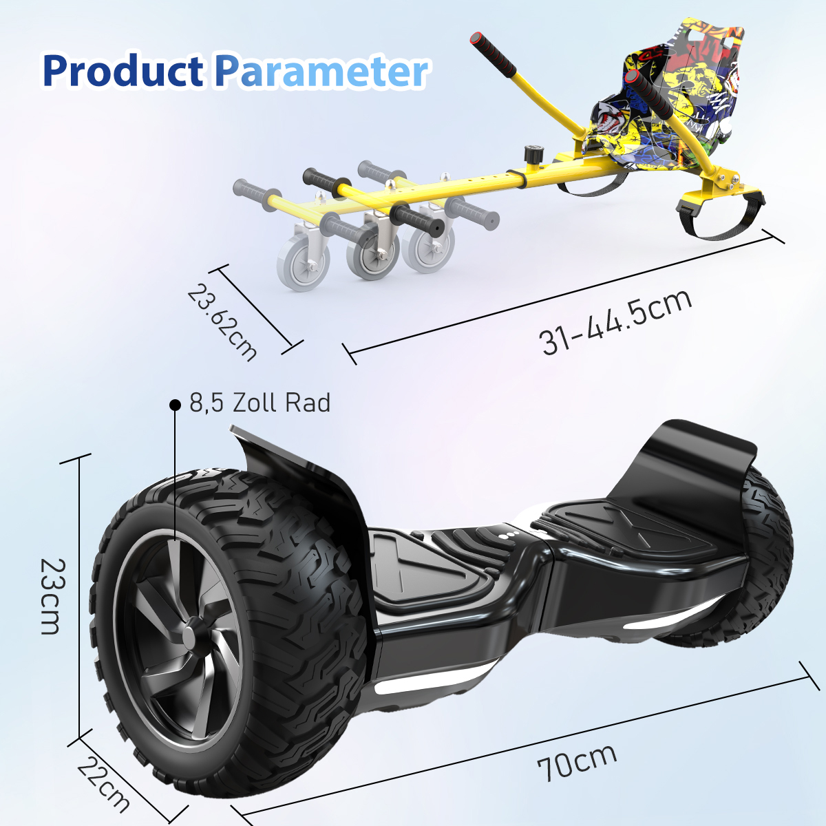 Image shows a hoverboard and a kart. Measurements are labeled. The hoverboard is black. The kart is yellow with a graffiti design.