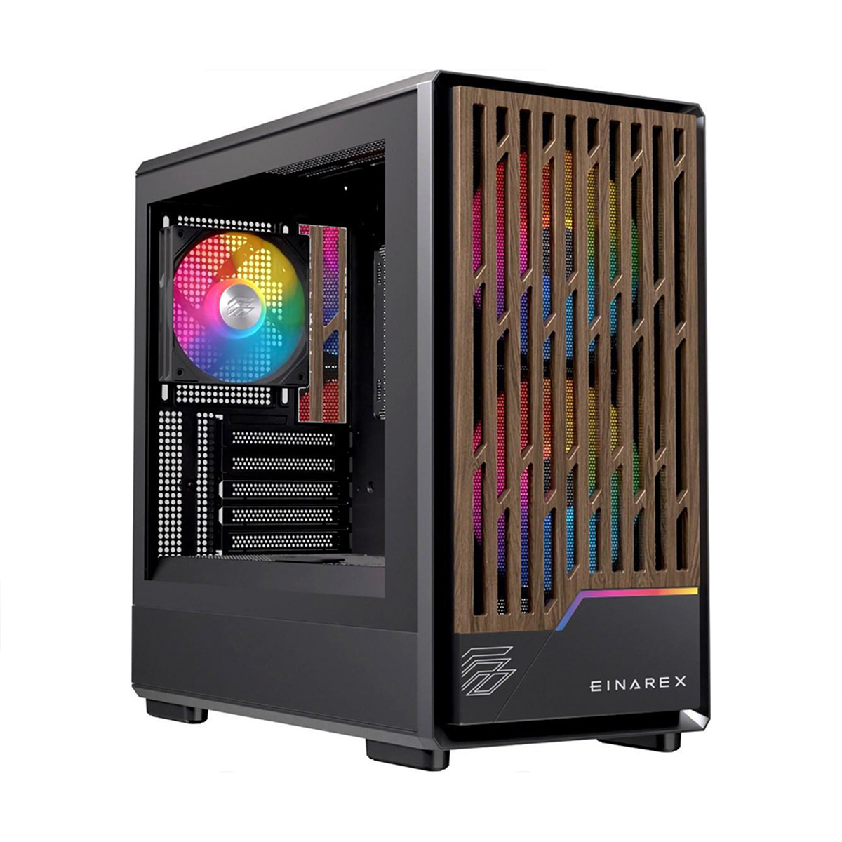Una carcasa de ordenador con un panel frontal de madera. La carcasa tiene un ventilador de arcoíris y la marca Einairex es visible.