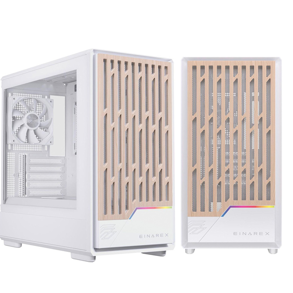 Carcasa de ordenador blanca con panel frontal de madera. Tiene un ventilador y la marca EINAREX. Se muestran dos vistas.