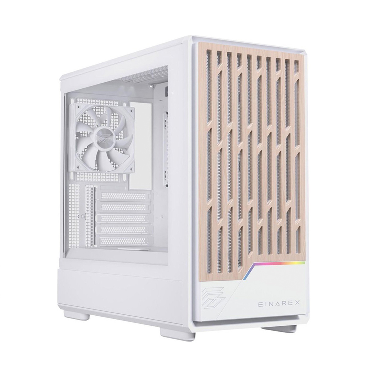 Una carcasa de computadora blanca con un panel frontal de estilo madera. Se ve un ventilador en el interior. La carcasa tiene un panel lateral de vidrio.