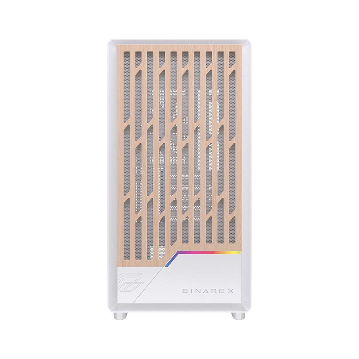 Carcasa de ordenador blanca con panel frontal de madera e iluminación RGB. La carcasa tiene el nombre EINAREX.