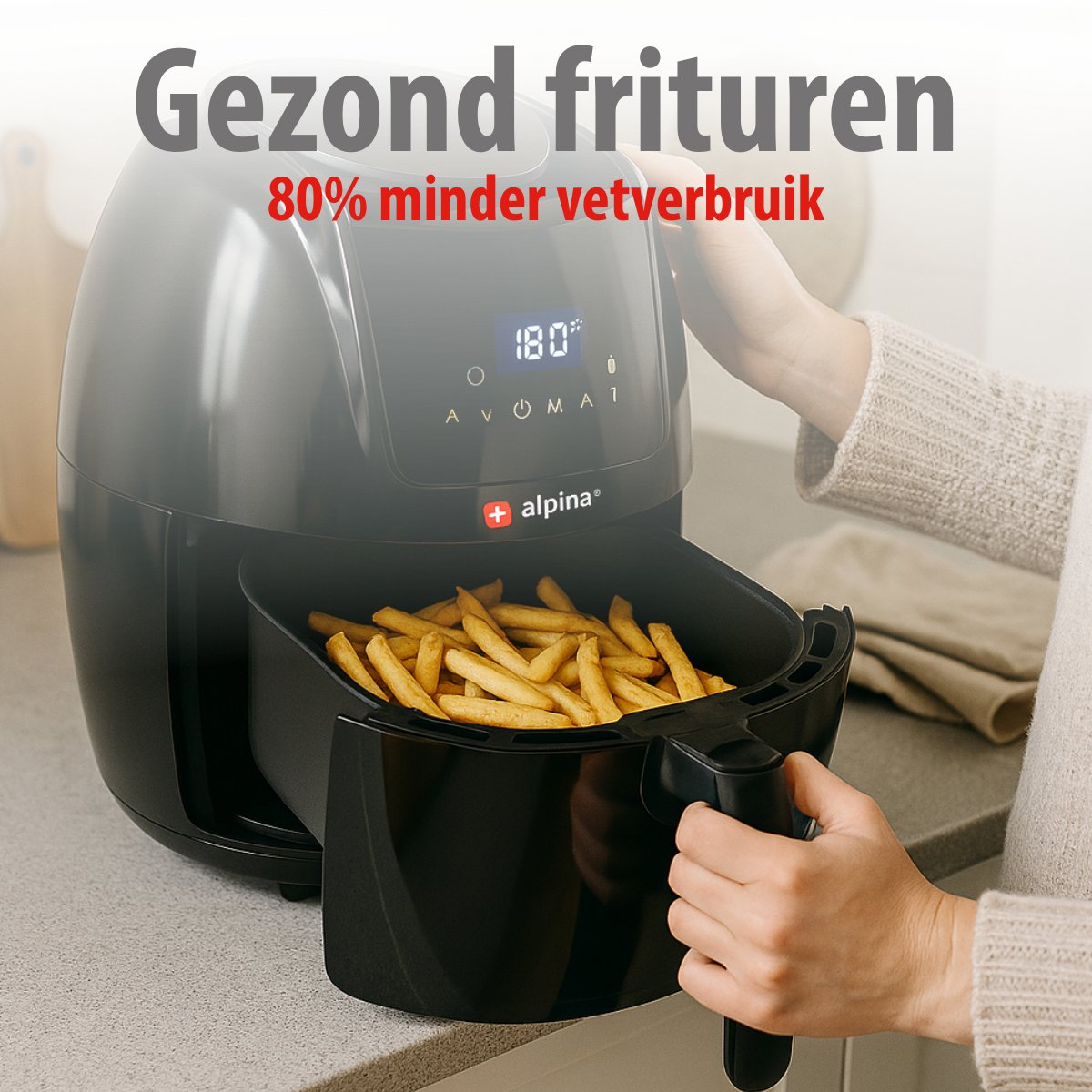 An air fryer with fries is held by a person. Text says 'Healthy frying' and '80% less fat'. The brand is Alpina.