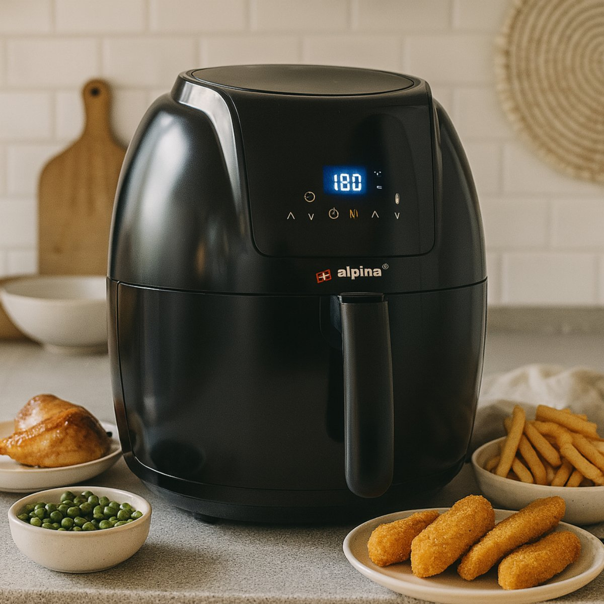 Black air fryer with digital display set to 180. Plates with food: peas, chicken, fries, and fish sticks. Kitchen setting.