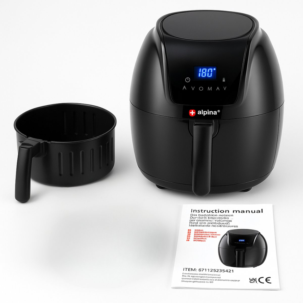 A black Alpina air fryer with a digital display showing 180 degrees. A detached basket is on the left. An instruction manual is at the bottom.
