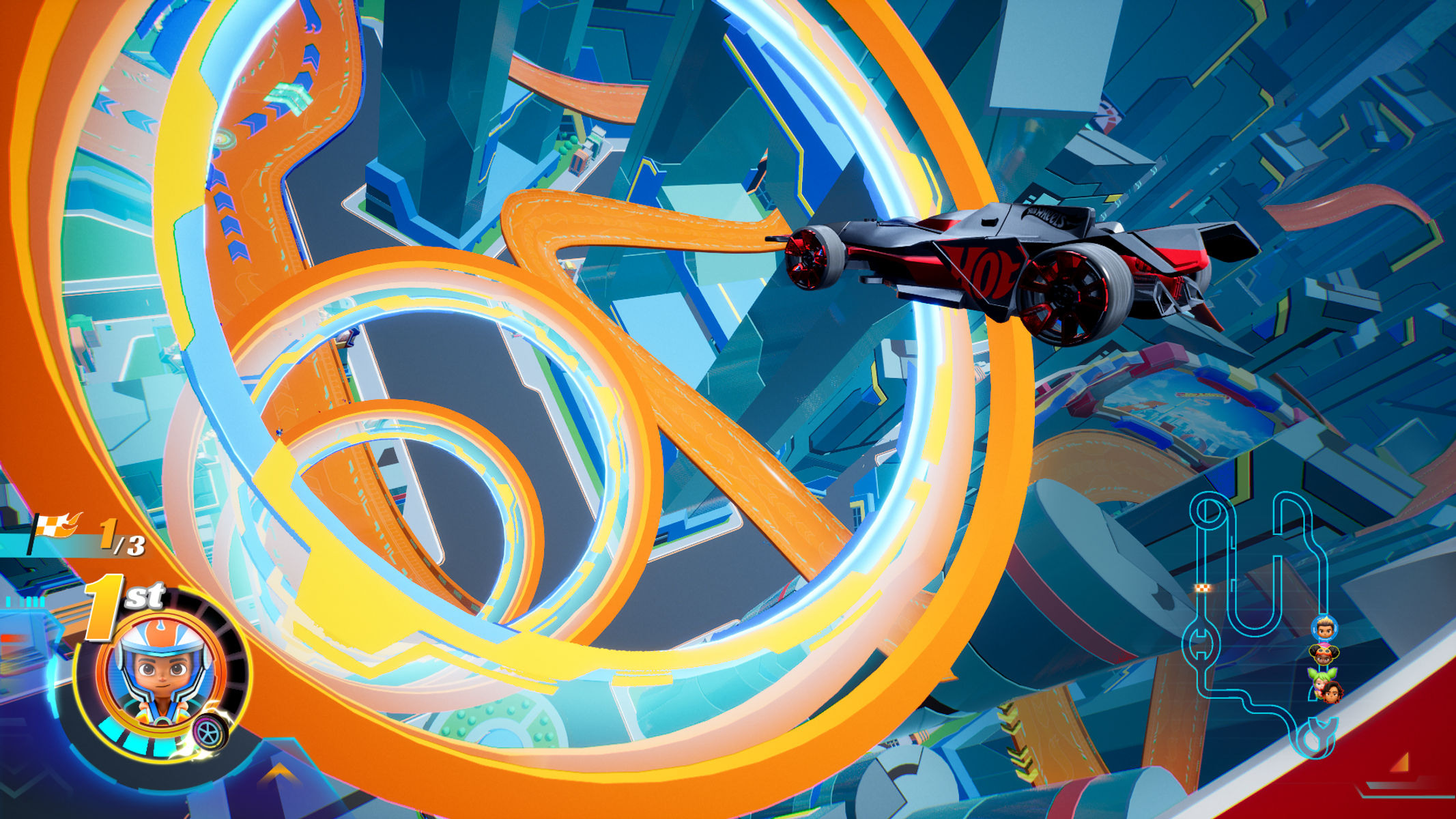 Un coche de carreras corre a gran velocidad por una pista vibrante con bucles naranjas. La escena es dinámica, de estilo futurista y colores intensos.