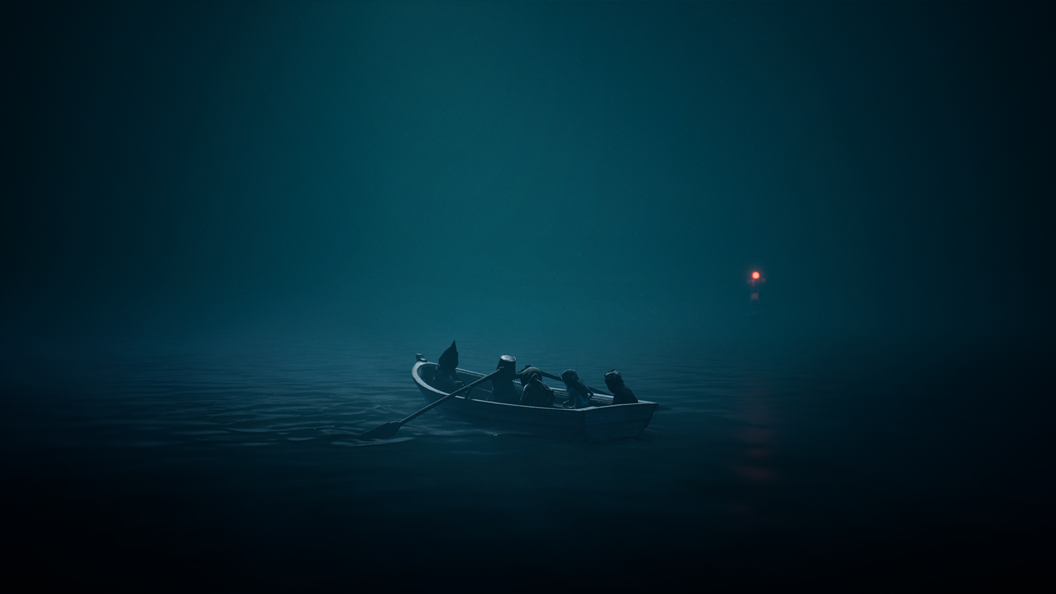 Una barca con figure su un mare scuro. Una luce lontana brilla. Remo visibile.  Atmosferico e misterioso.