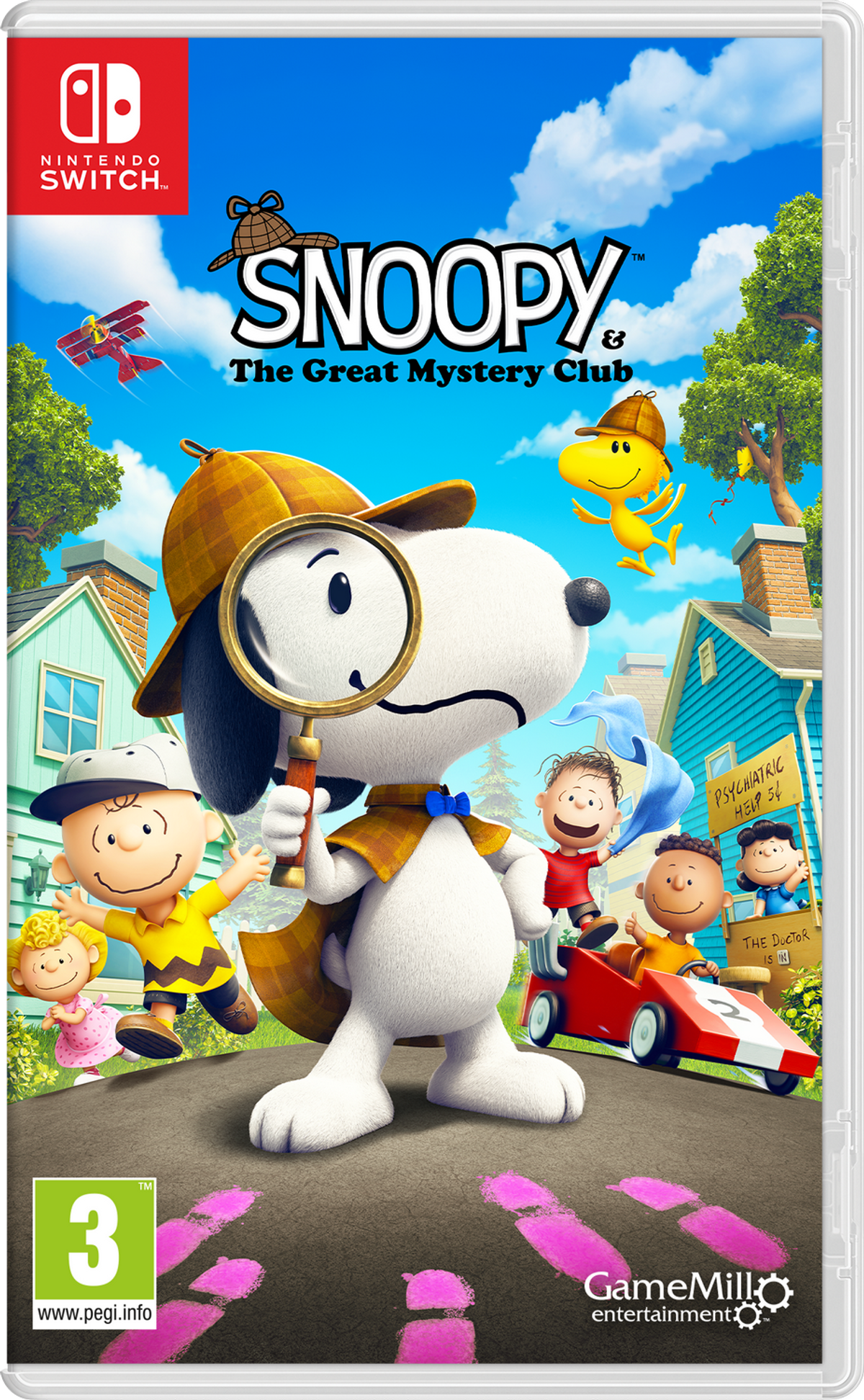 Snoopy con lupa, Charlie Brown y amigos en la portada del juego. Cielo azul, casas y un coche rojo en el fondo.