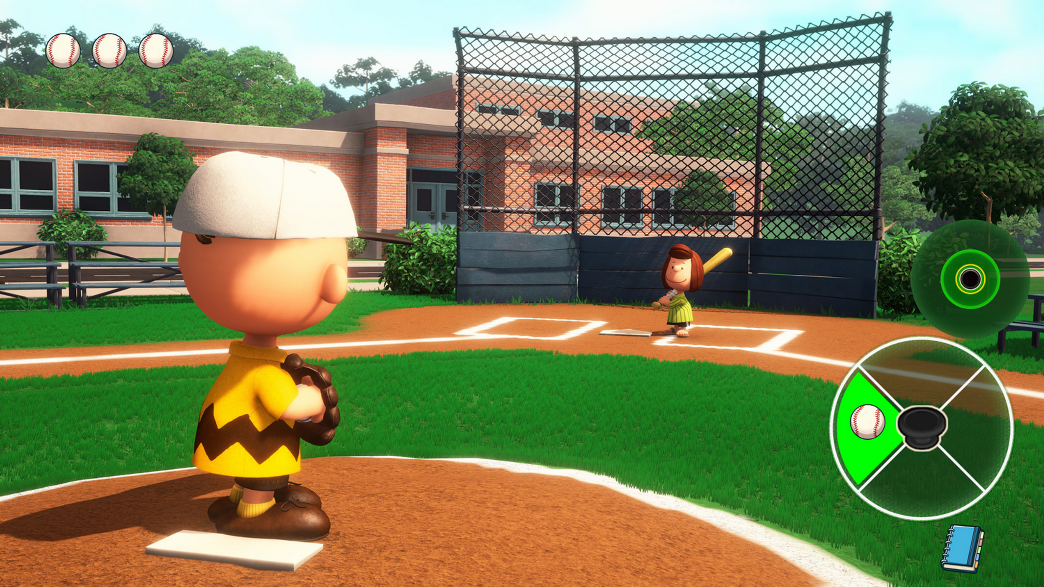 Charlie Brown w meczu baseballu. Lucy odbija. Trzy piłki baseballowe na niebie. Szkoła w tle.