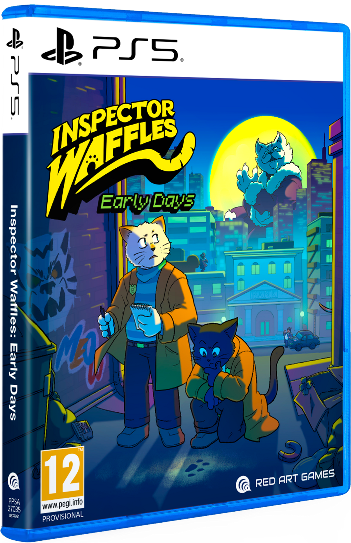 Arte de caja del juego PS5. Dos gatos detectives con gabardinas investigan. Telón de fondo de la ciudad con una gran luna amarilla. Título: Inspector Waffles.