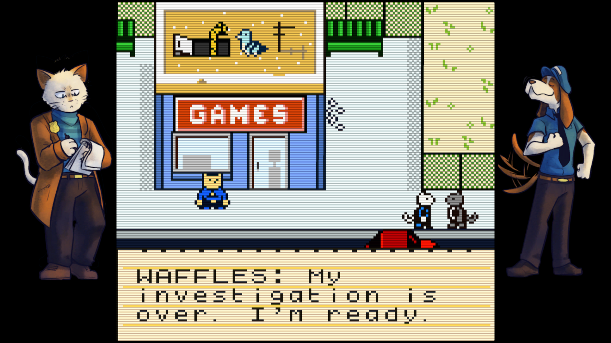 Un gato y un perro se encuentran a ambos lados de una escena pixelada. Una tienda 'GAMES' y dos figuras de animales son visibles.