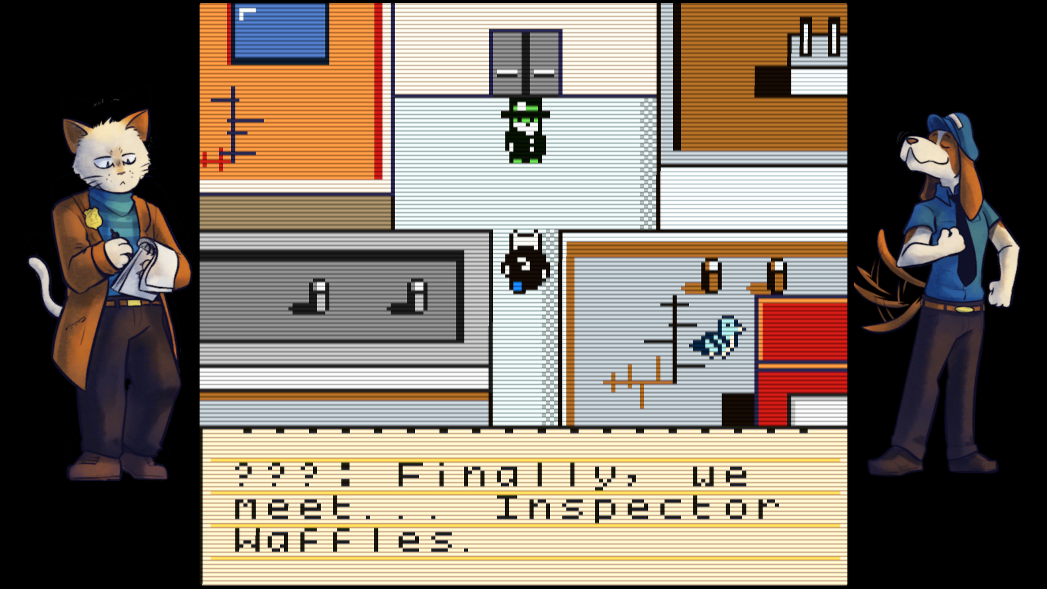 Un gatto e un cane in una scena pixelata. Un personaggio con un cappello verde è in una porta. Il testo recita: "Finalmente, ci incontriamo... Ispettore Waffles".