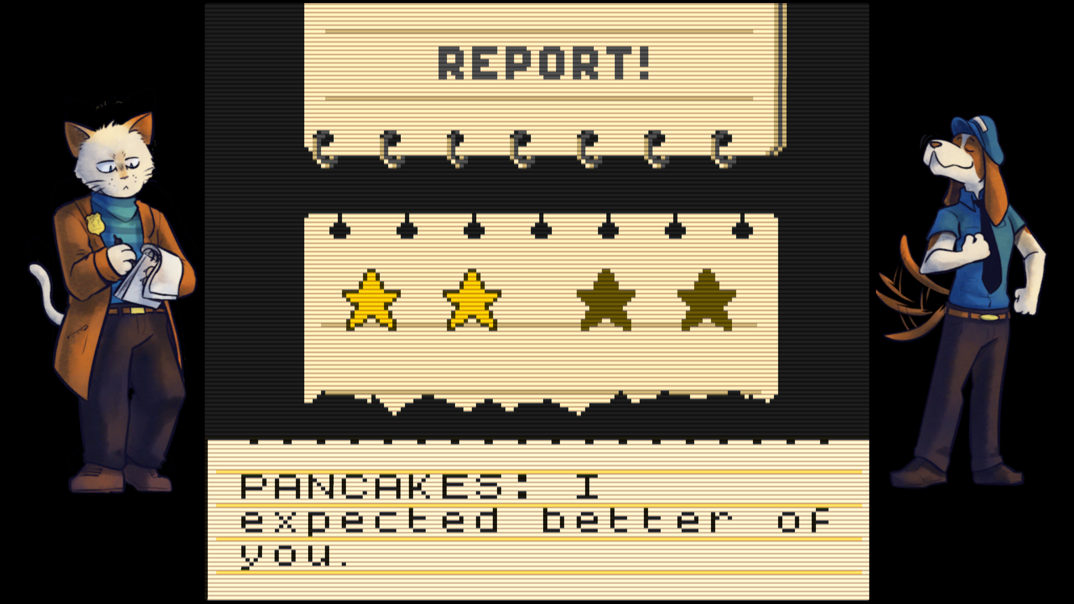 Un gatto e un cane sono ai lati di un pagella. La scheda ha 2 stelle d'oro e 2 marroni. Il testo recita 'Pancakes: I expected better'.