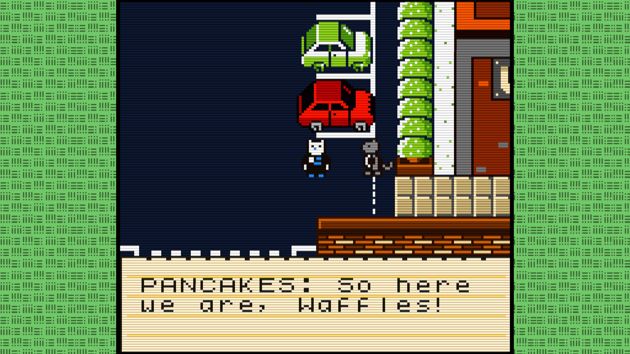 Scena in pixel art con auto, personaggi e fumetto. Dice: 'Pancake: Allora eccoci qui, waffle!'