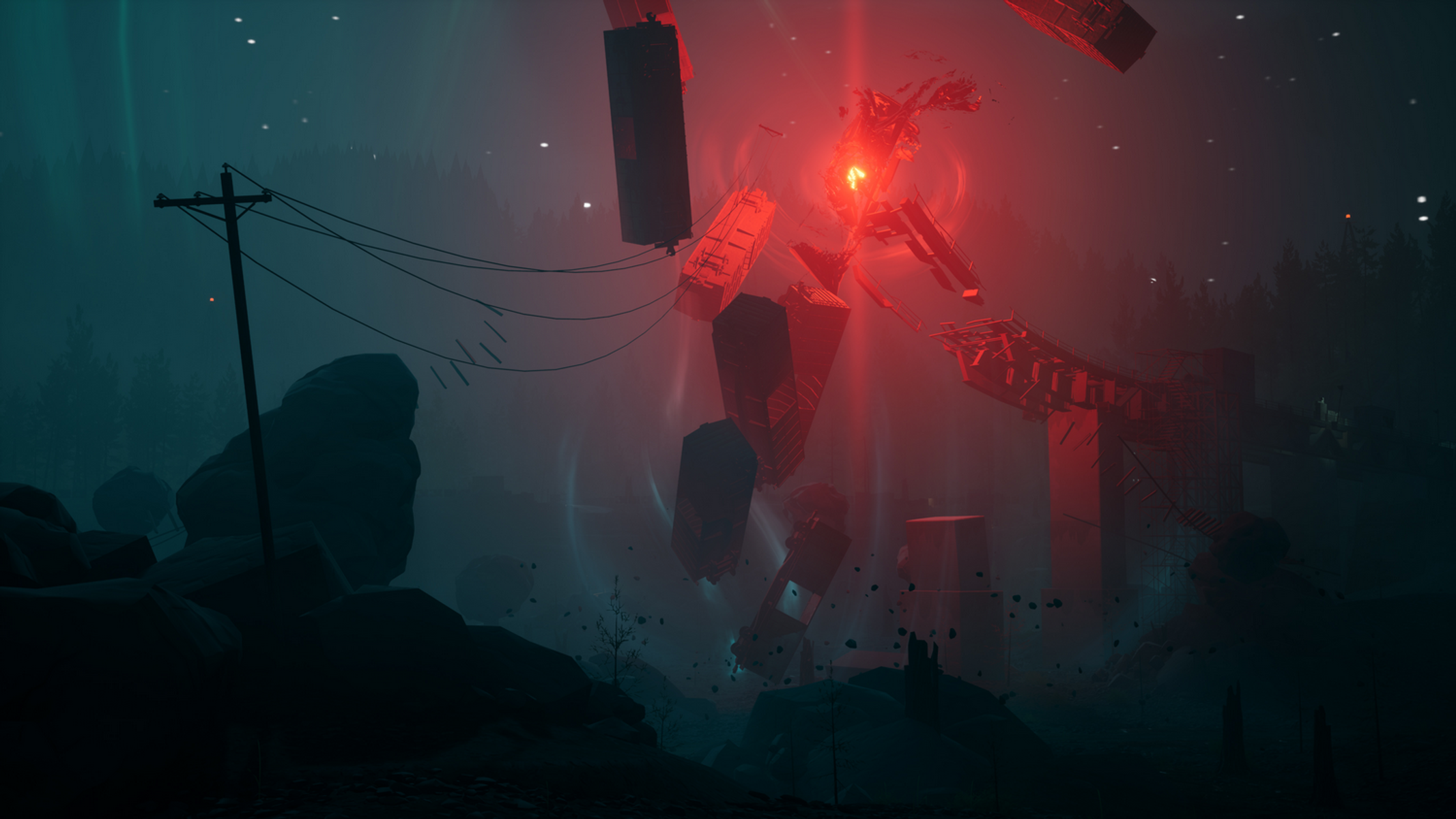 Surrealistyczna scena z unoszącymi się odłamkami i czerwonym źródłem światła. Zarys skał i słup energetyczny na pierwszym planie.