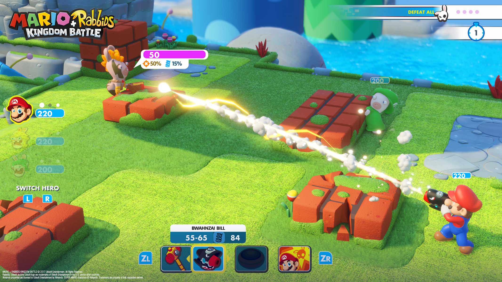 Jugabilidad de Mario Rabbids Kingdom Battle. Mario dispara a un enemigo. Hay otros personajes en el campo. La interfaz del juego es visible.