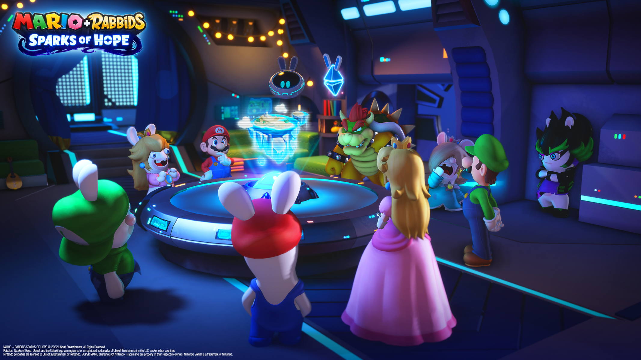 Mario, Rabbids i inne postacie z gry Sparks of Hope zgromadzeni wokół futurystycznego stołu w niebiesko oświetlonym pokoju.