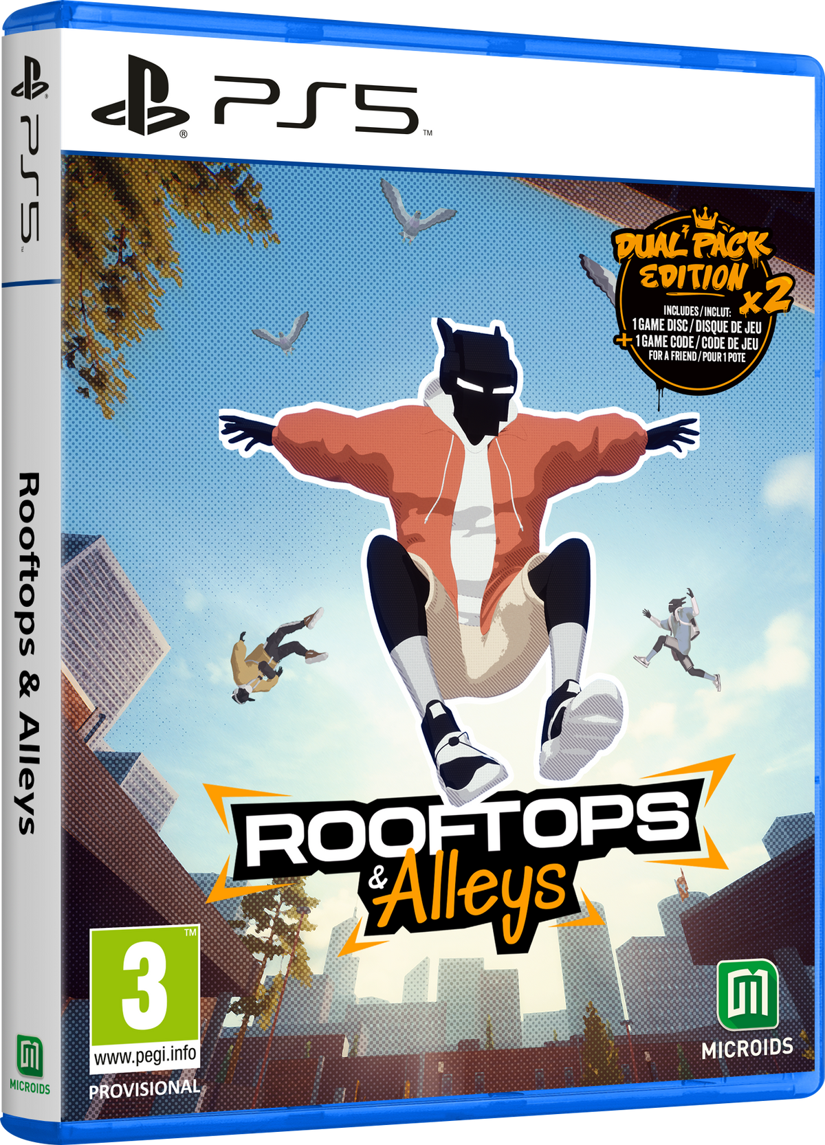 Portada del juego. Un personaje con chaqueta naranja salta sobre tejados. El título es 'Rooftops & Alleys'. Logotipo de PS5 en la parte superior izquierda.