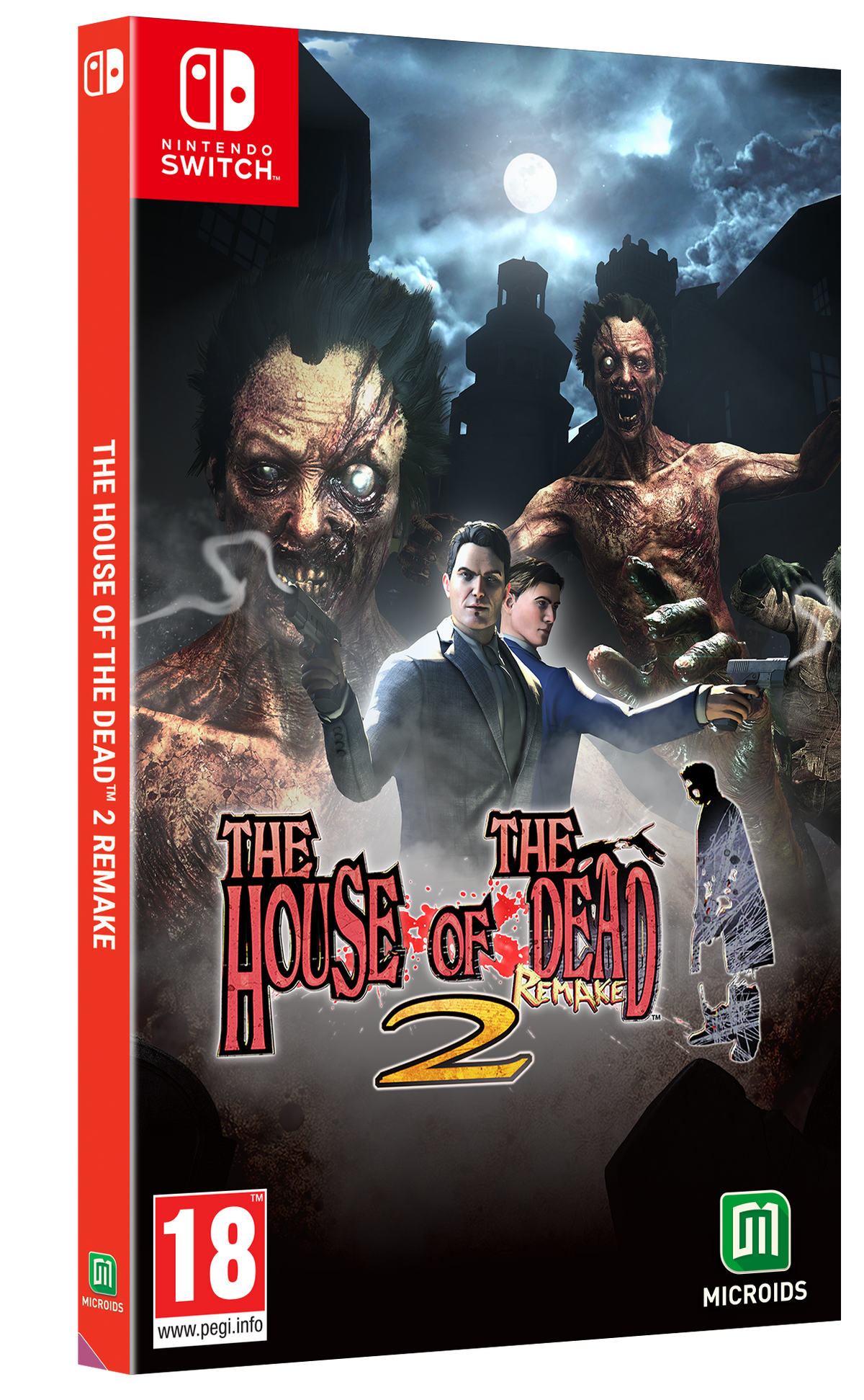 Illustrazione della confezione del gioco "The House of the Dead 2 Remake". Presenta zombi, due uomini con pistole e il logo Nintendo Switch.