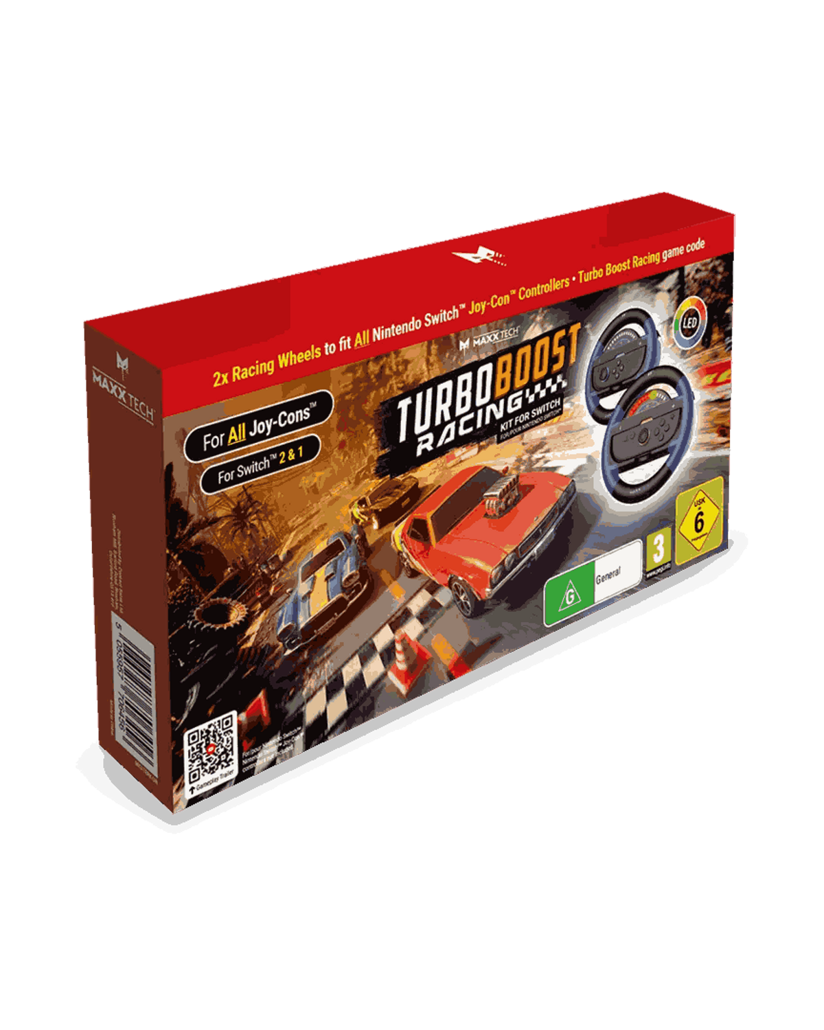 Czerwono-czarne pudełko Turbo Boost Racing. Zawiera kierownice wyścigowe, zabawki samochodowe i logo gry. Pudełko ma również kod QR.