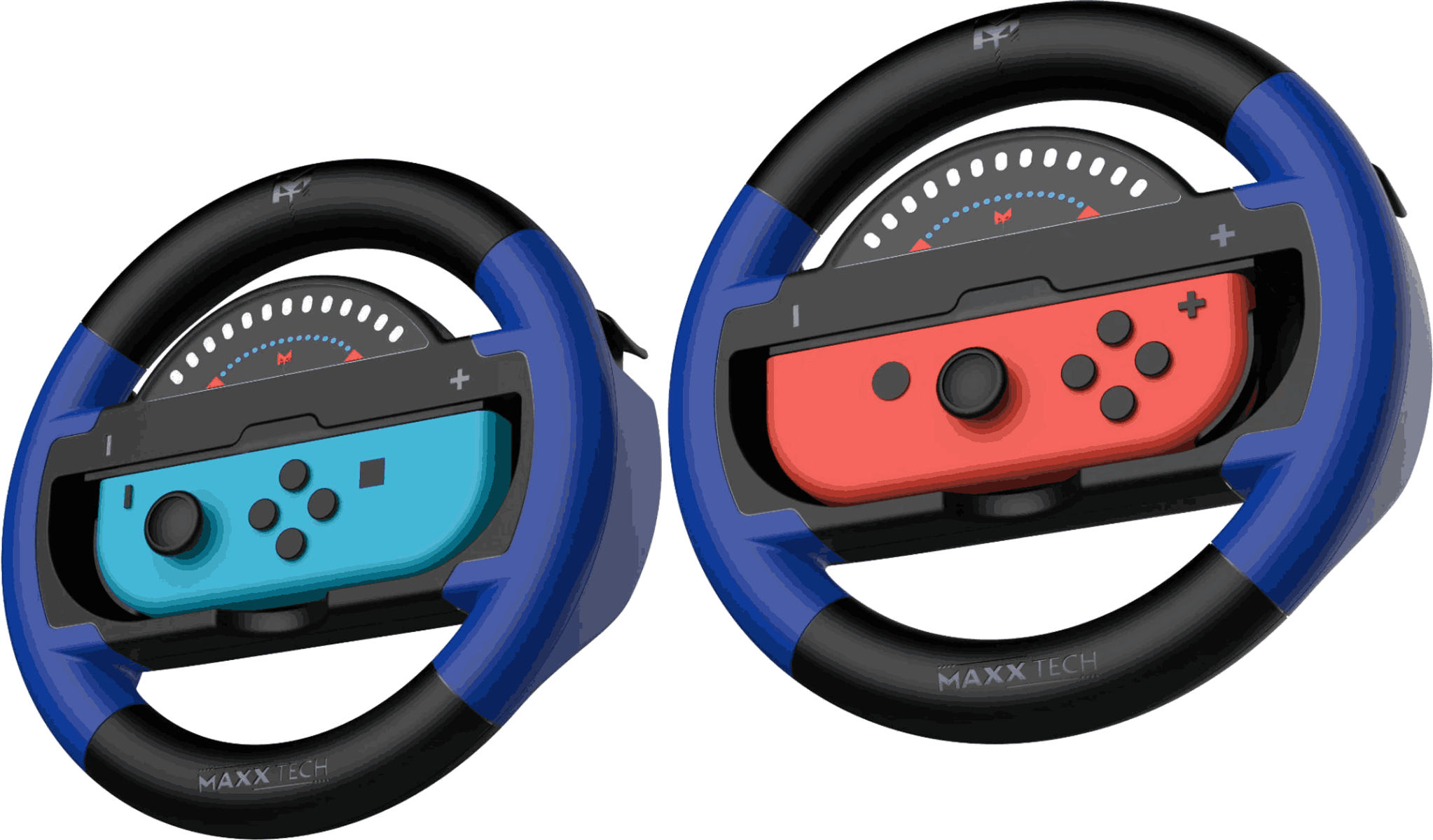 Dwa niebiesko-czarne kontrolery w kształcie kierownicy do Nintendo Switch. Jeden ma niebieski, a drugi czerwony kontroler.