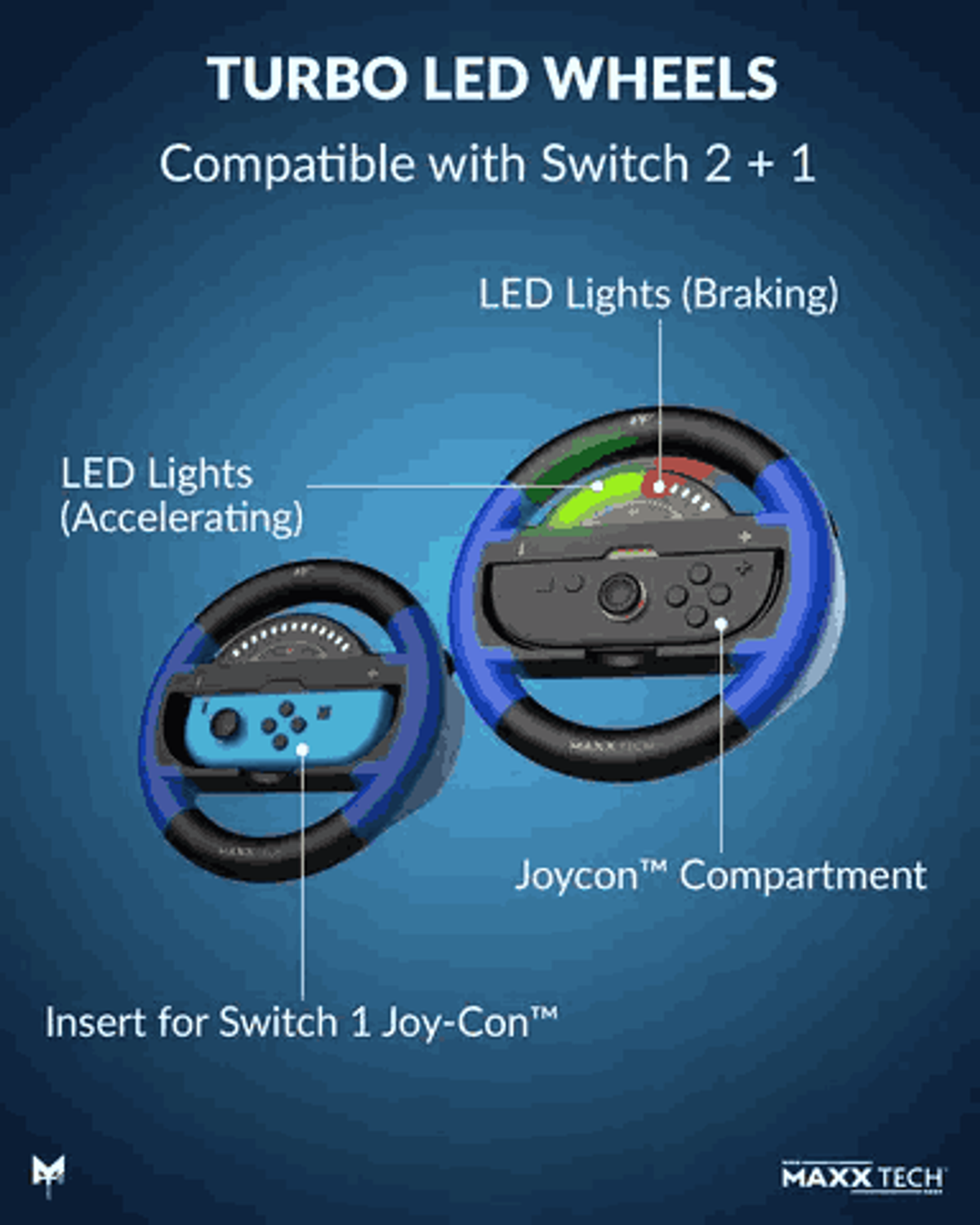 Obraz przedstawia kierownice Turbo LED do Switch. Niebieskie i czarne kierownice ze światłami LED do hamowania i przyspieszania oraz schowkiem Joy-Con.