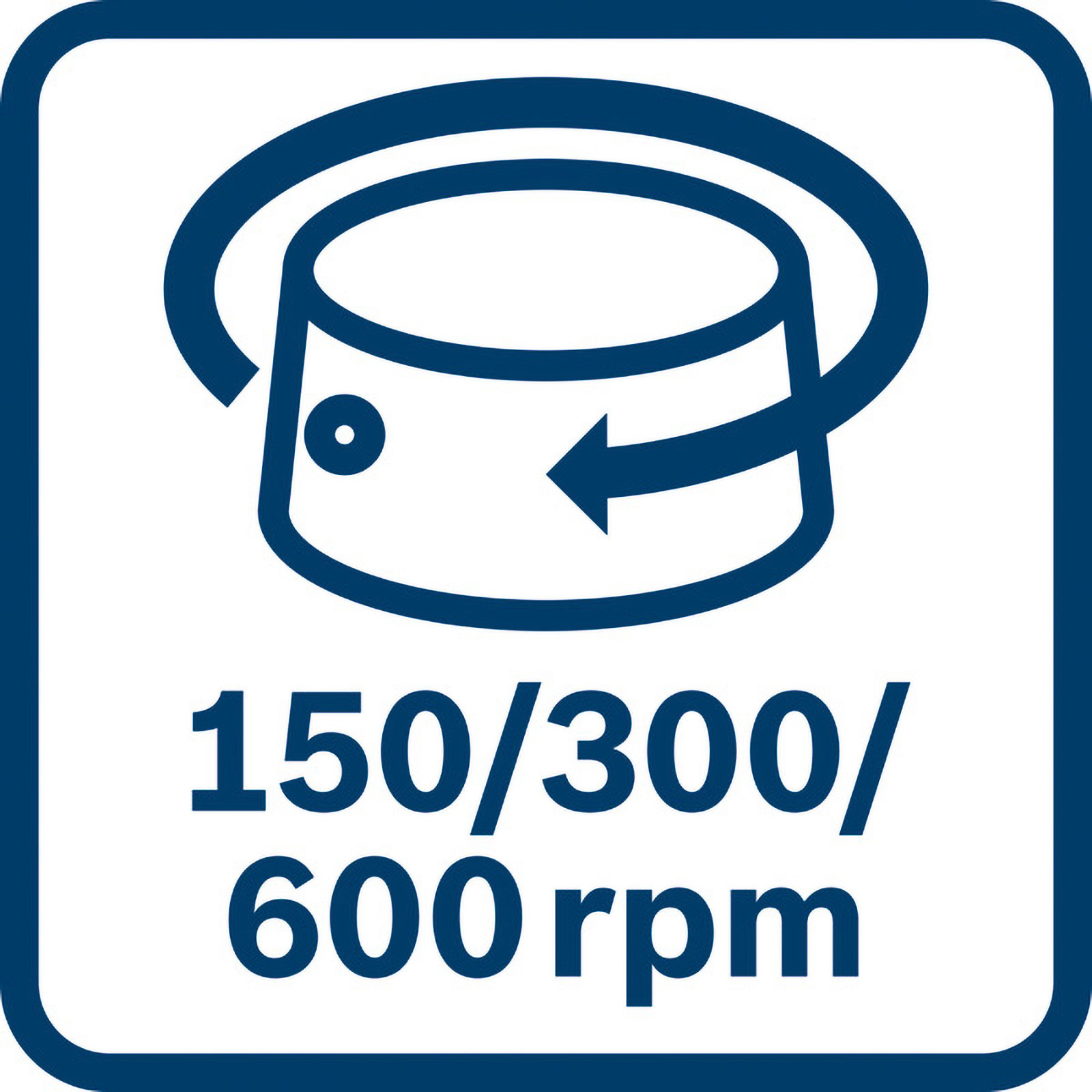 Silindir, dönen ok ve 150/300/600 rpm sayıları olan mavi ve beyaz simge.