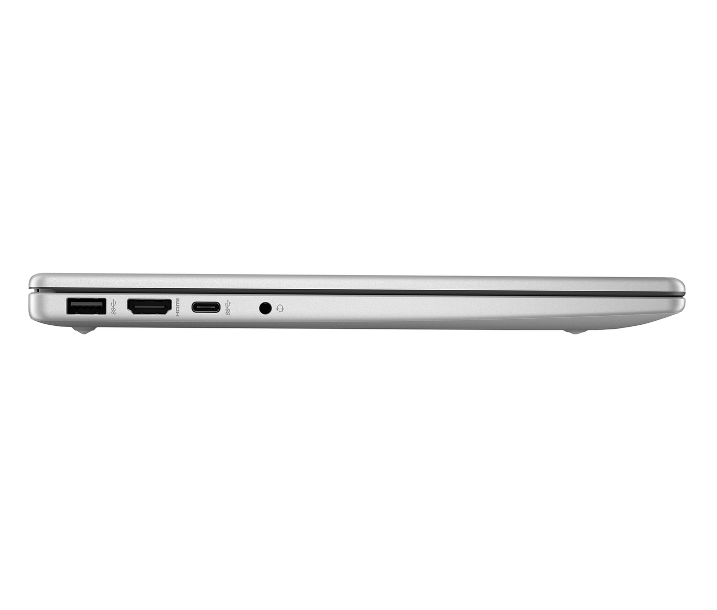 Vista lateral de un portátil plateado. Puertos visibles: USB, HDMI, USB-C y conector de audio.