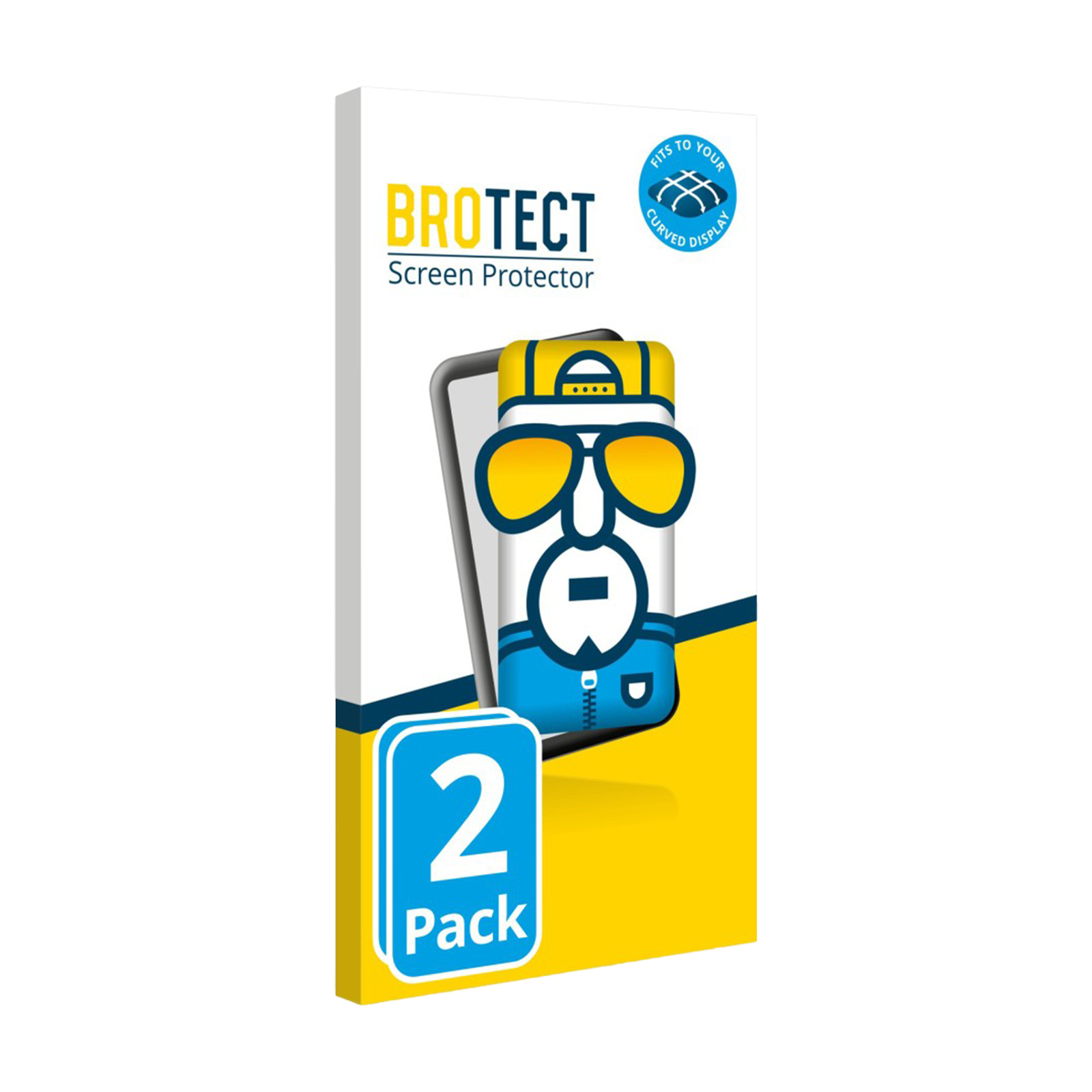 Eine Bildschirmschutzbox mit einem Cartoon-Design eines Gesichts mit Brille und Hut und einem Etikett '2er-Pack'.