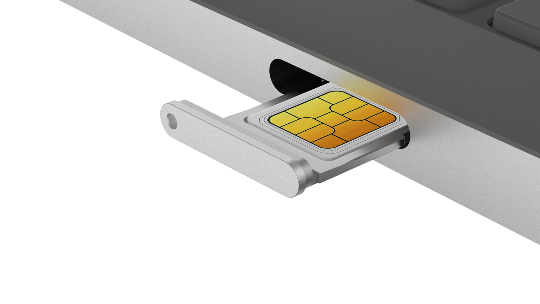 Una bandeja SIM se está insertando en una computadora portátil. La bandeja y la computadora portátil son plateadas y la tarjeta SIM es dorada.