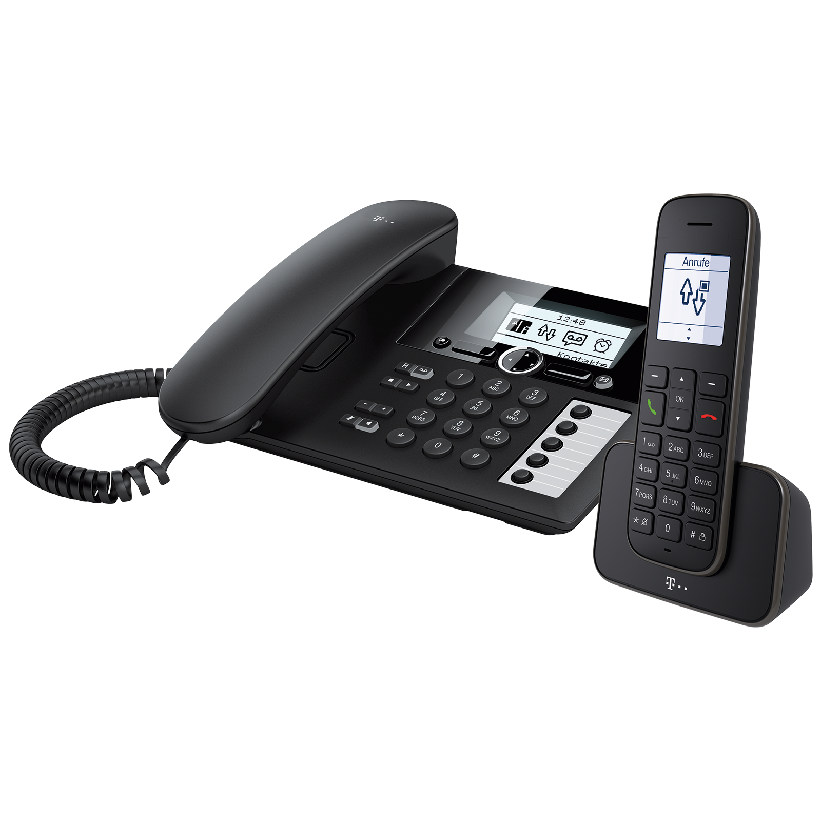 Een zwarte vaste telefoon met een handset en een draadloze telefoon op een basis. Beide zijn van T.
