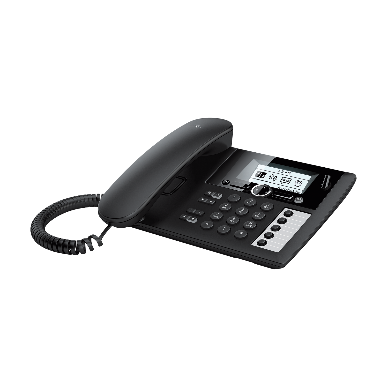 Een zwarte vaste telefoon met een display met tijd en contacten. Het heeft een handset en een spiraalsnoer.