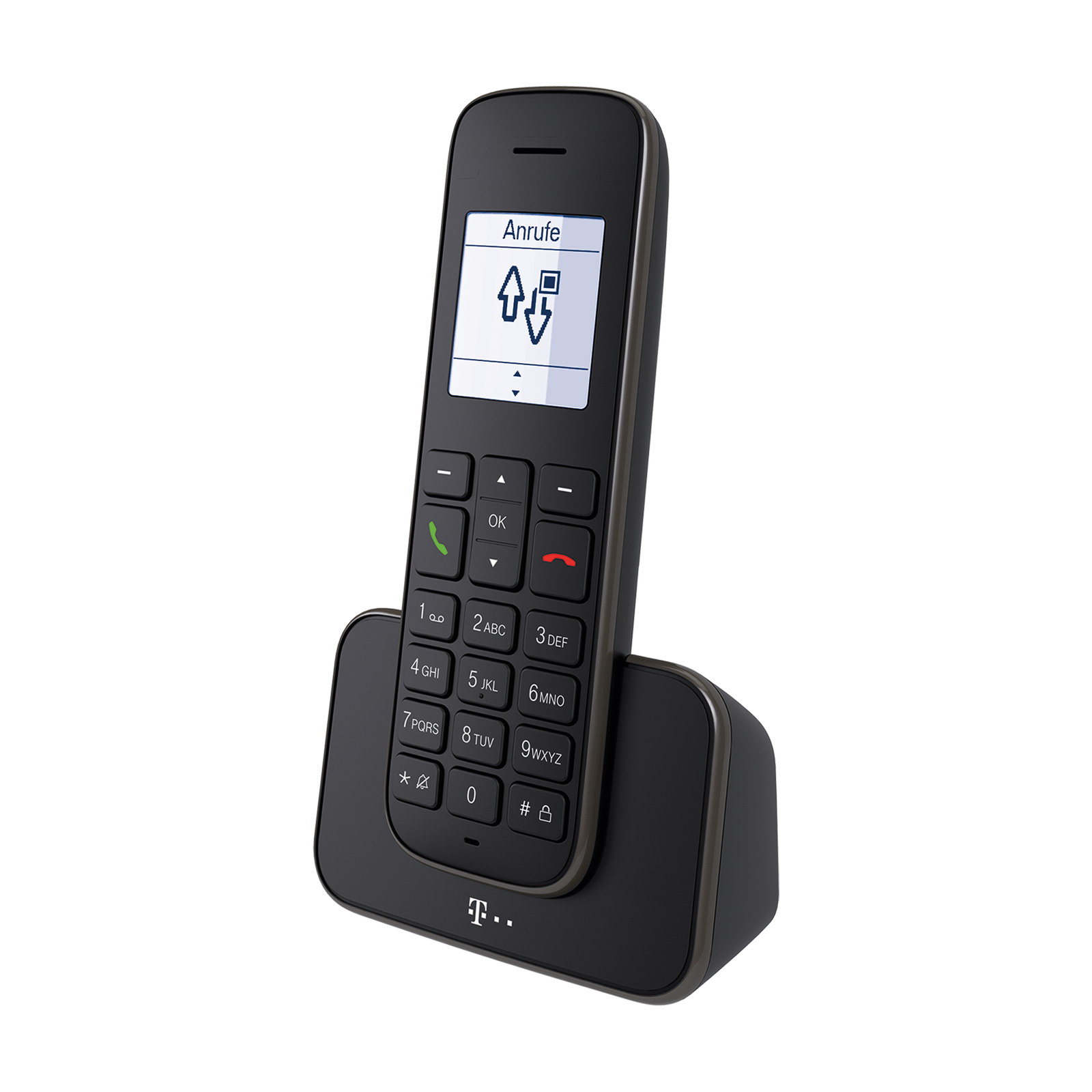 Een zwarte draadloze telefoon op een zwarte basis, met een scherm dat belopties toont. Het T-Mobile-logo is zichtbaar.