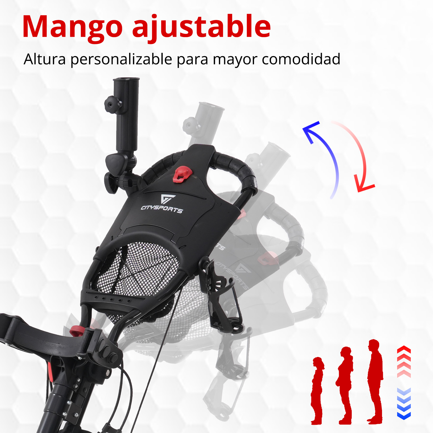 Carro de golf negro con mango ajustable. Flechas rojas y azules indican ajuste. Siluetas muestran opciones de altura.