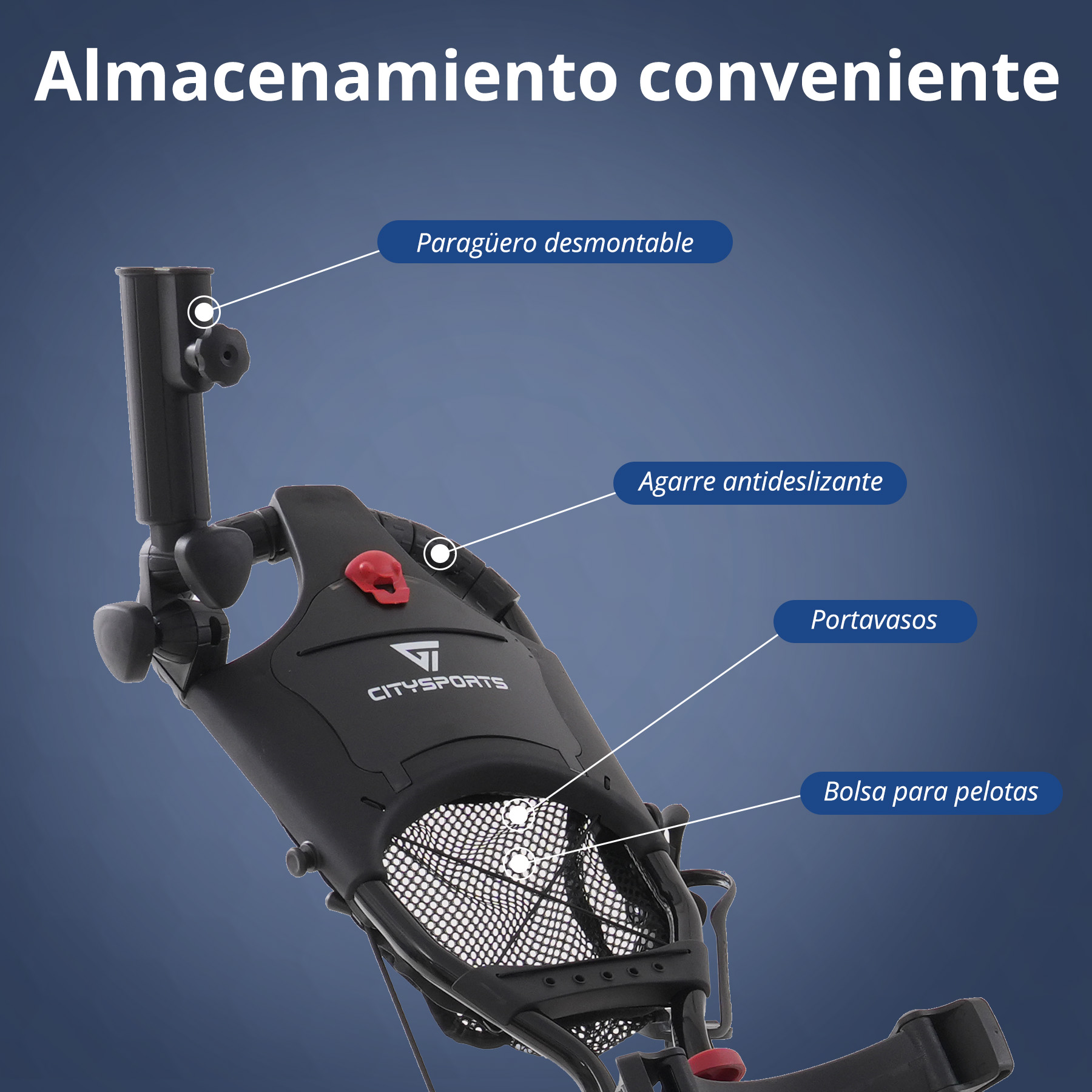 Carrito de golf negro con detalles rojos. Incluye portaparaguas, agarre antideslizante, portavasos y bolsa para pelotas.