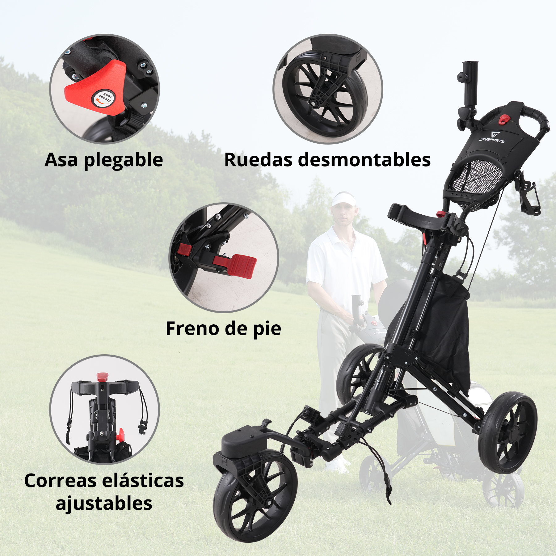 Un carrito de golf negro con ruedas desmontables y correas ajustables. Un hombre está en el fondo.