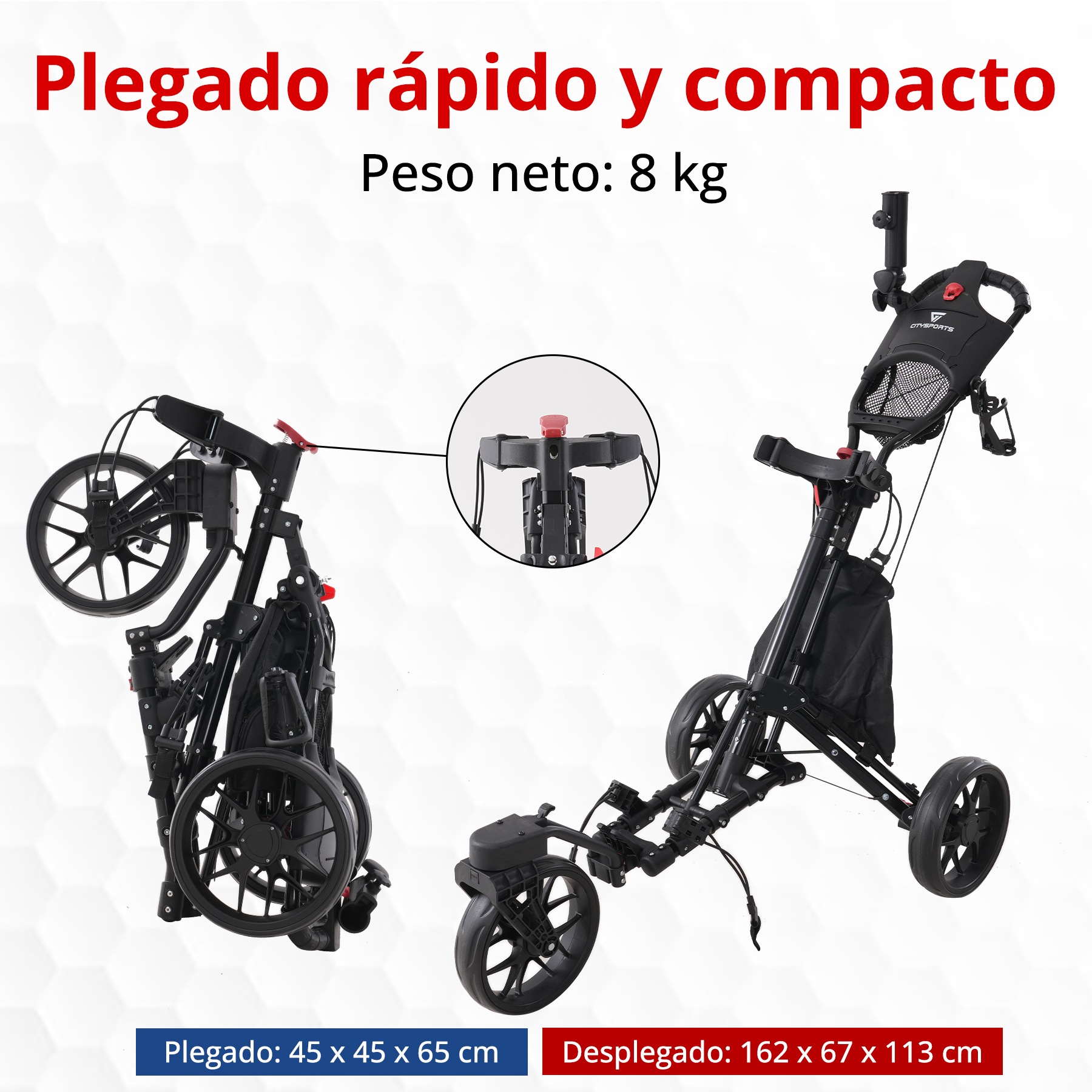 Carro de golf negro, plegado y desplegado, mostrando dimensiones. Texto en español: Plegado rápido y compacto, Peso neto: 8 kg.