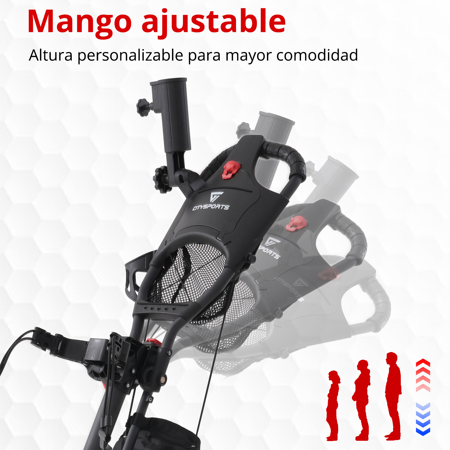 Carro de golf negro con mango ajustable. Detalles de calavera roja. Indicadores de altura a la derecha. Texto: Mango ajustable.