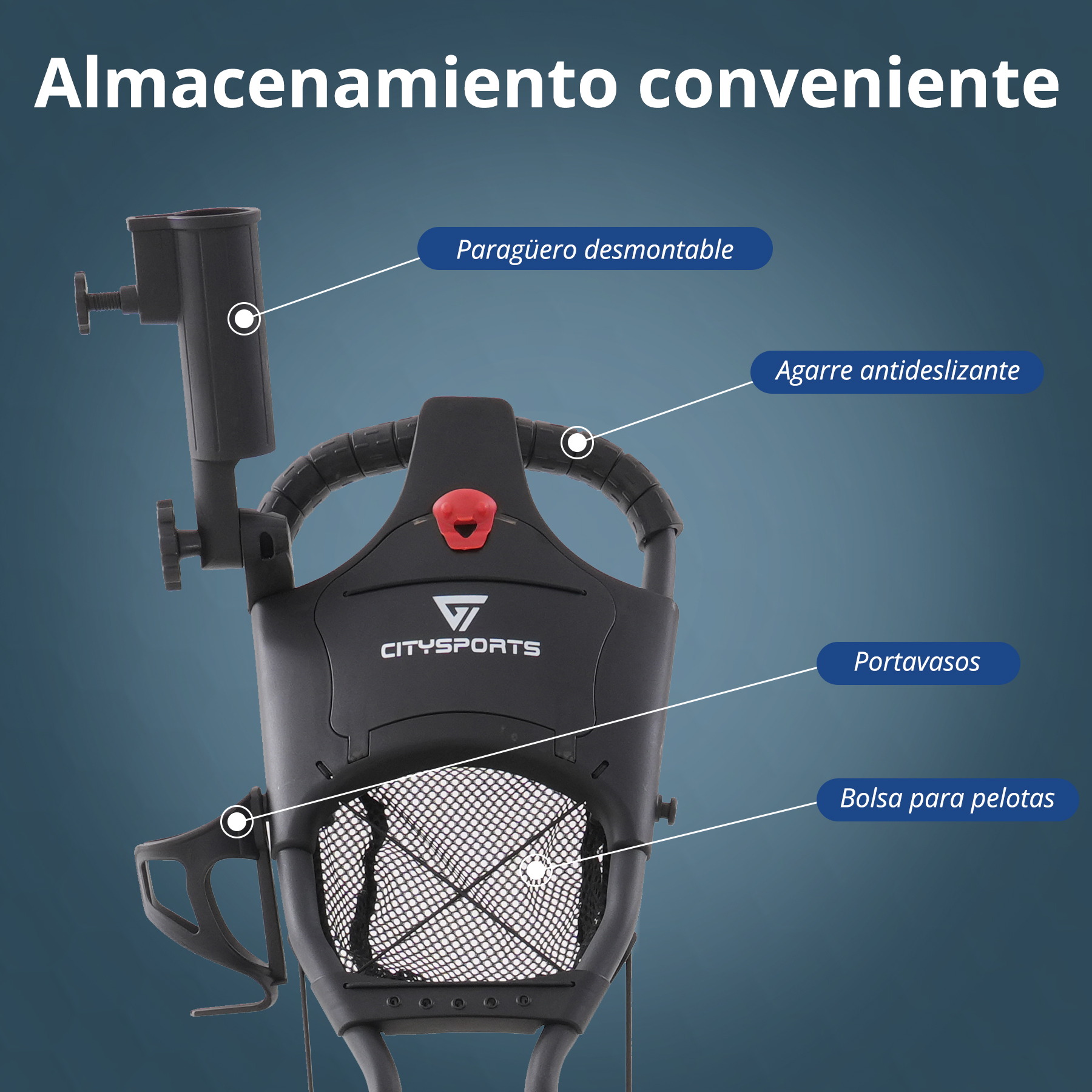 Carro de golf negro con portaparaguas extraíble, agarre antideslizante, portavasos y bolsa para pelotas. Fondo azul con texto blanco.