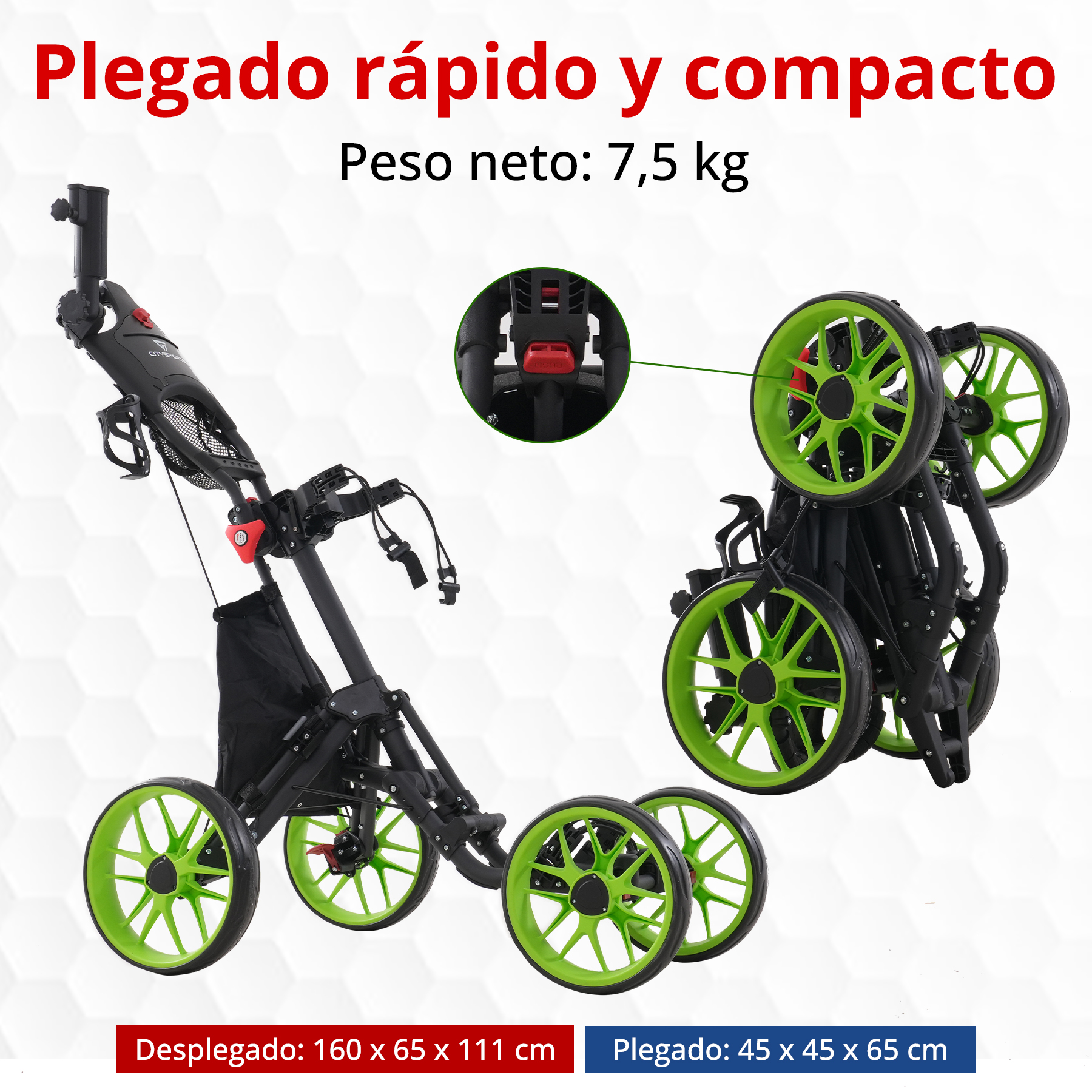 Carro de golf, desplegado y plegado. Marco negro, ruedas verdes. Texto: Plegado rápido y compacto, Peso neto: 7,5 kg.