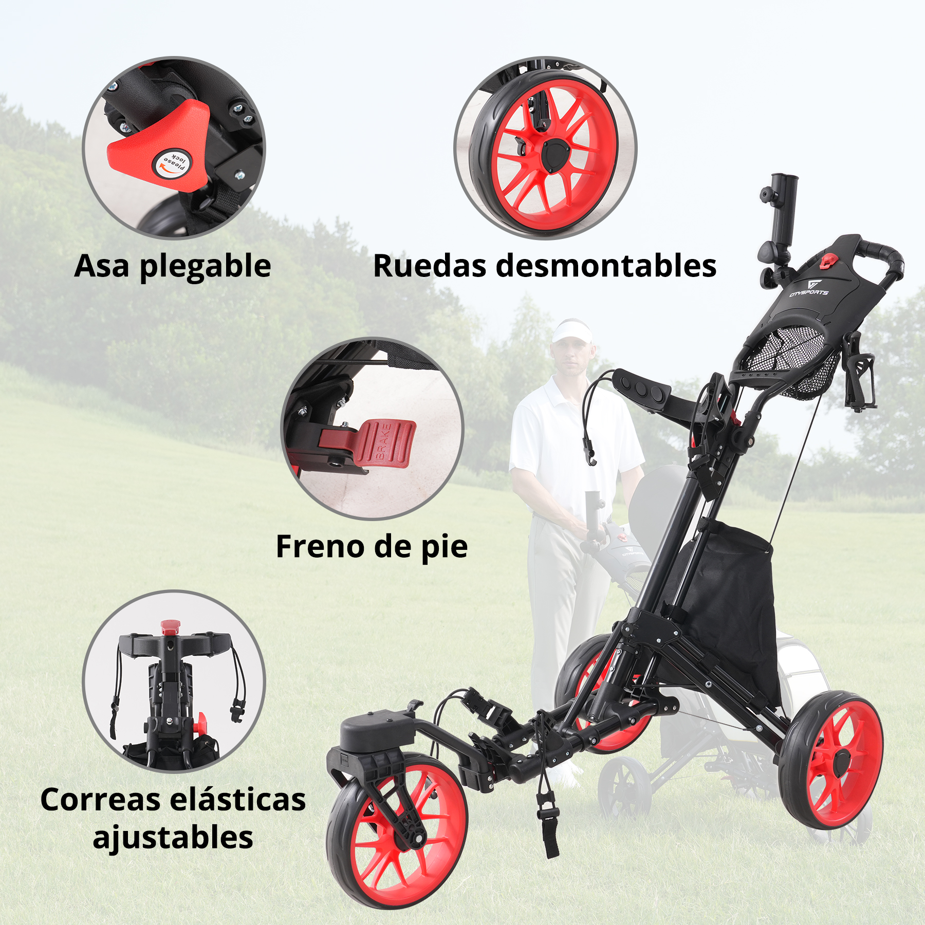 Carro de golf negro con ruedas rojas y un hombre al fondo. Incluye asa plegable, correas ajustables y freno de pie.