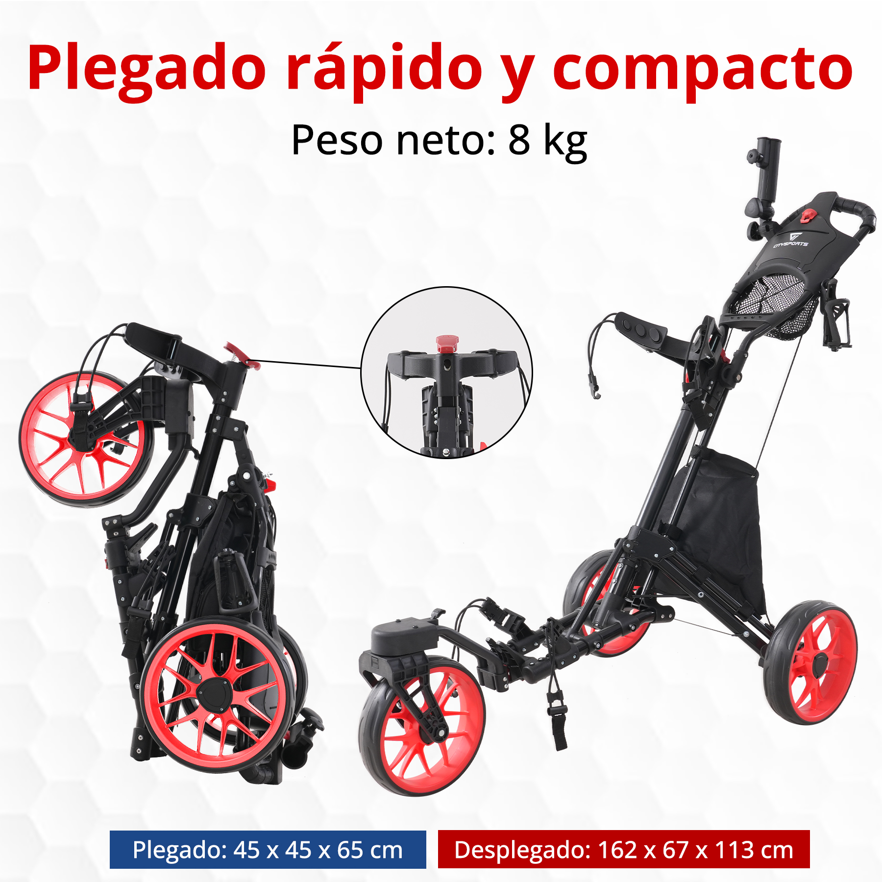 La imagen muestra un carrito de golf negro y rojo en estado plegado y desplegado. El texto dice 'Plegado rápido y compacto', peso neto: 8 kg.