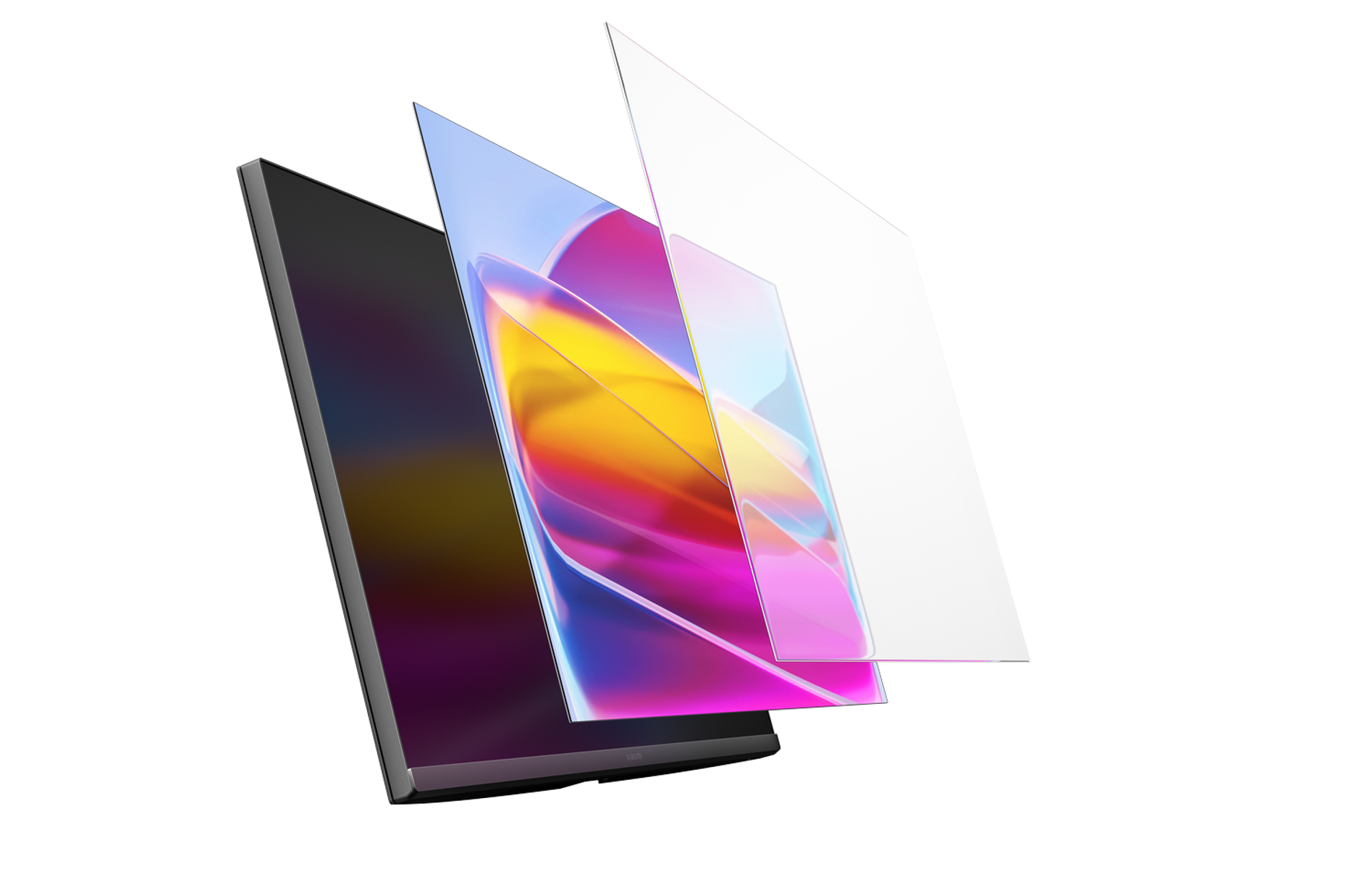 Widok rozłożony monitora, z warstwami pokazującymi ekran i elementy wewnętrzne, na czarnym tle.